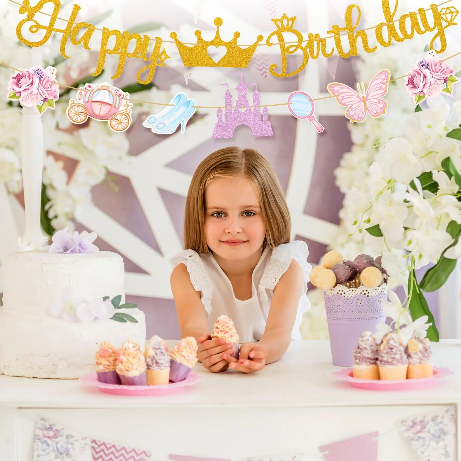 Bannière d'Anniversaire Princesse BOXOB avec Couronne Château Chaussure en Cristal Calèche pour Filles
