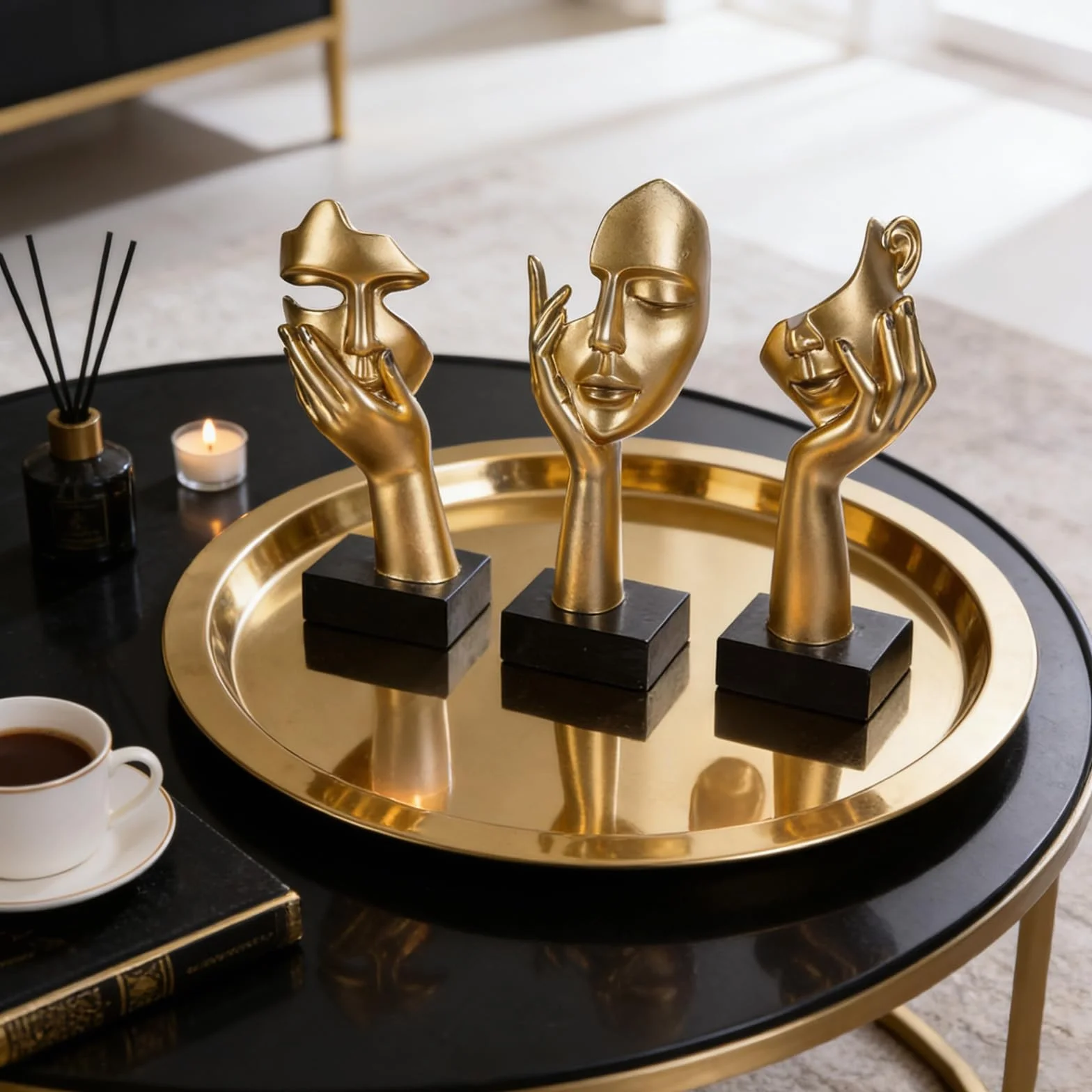 Lot de 3 Statues de Penseur, Sculpture Abstraite Dorée et Noire, Décoration Bureau, Cadeau Noël Nouvel An