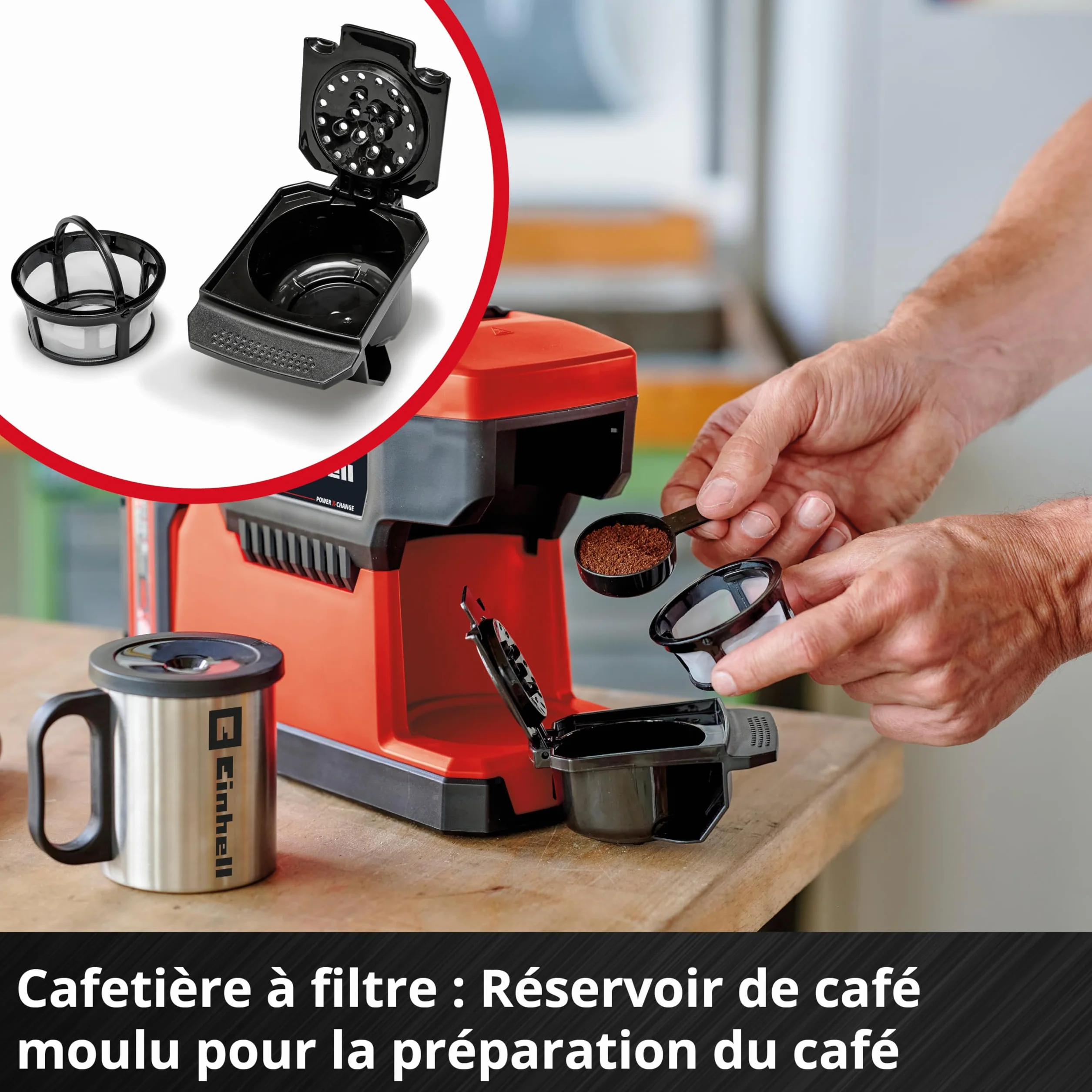 Einhell Machine à café sans fil TE-CF 18 Li-Solo Power X-Change (18V, 2-en-1 : machine à café filtre et machine à café à dosettes) Livré sans Batterie ni Chargeur