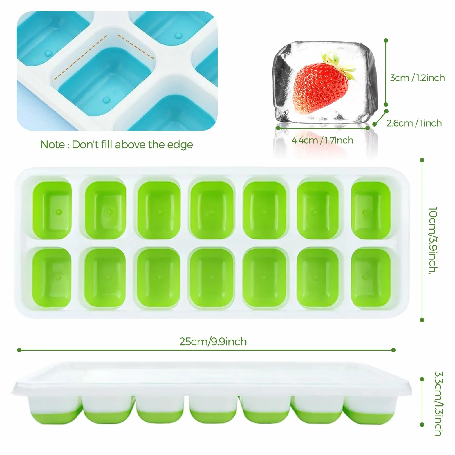 Bacs à glaçons en silicone avec couvercle, 4 pièces, LFGB, sans BPA, carrés faciles à retirer