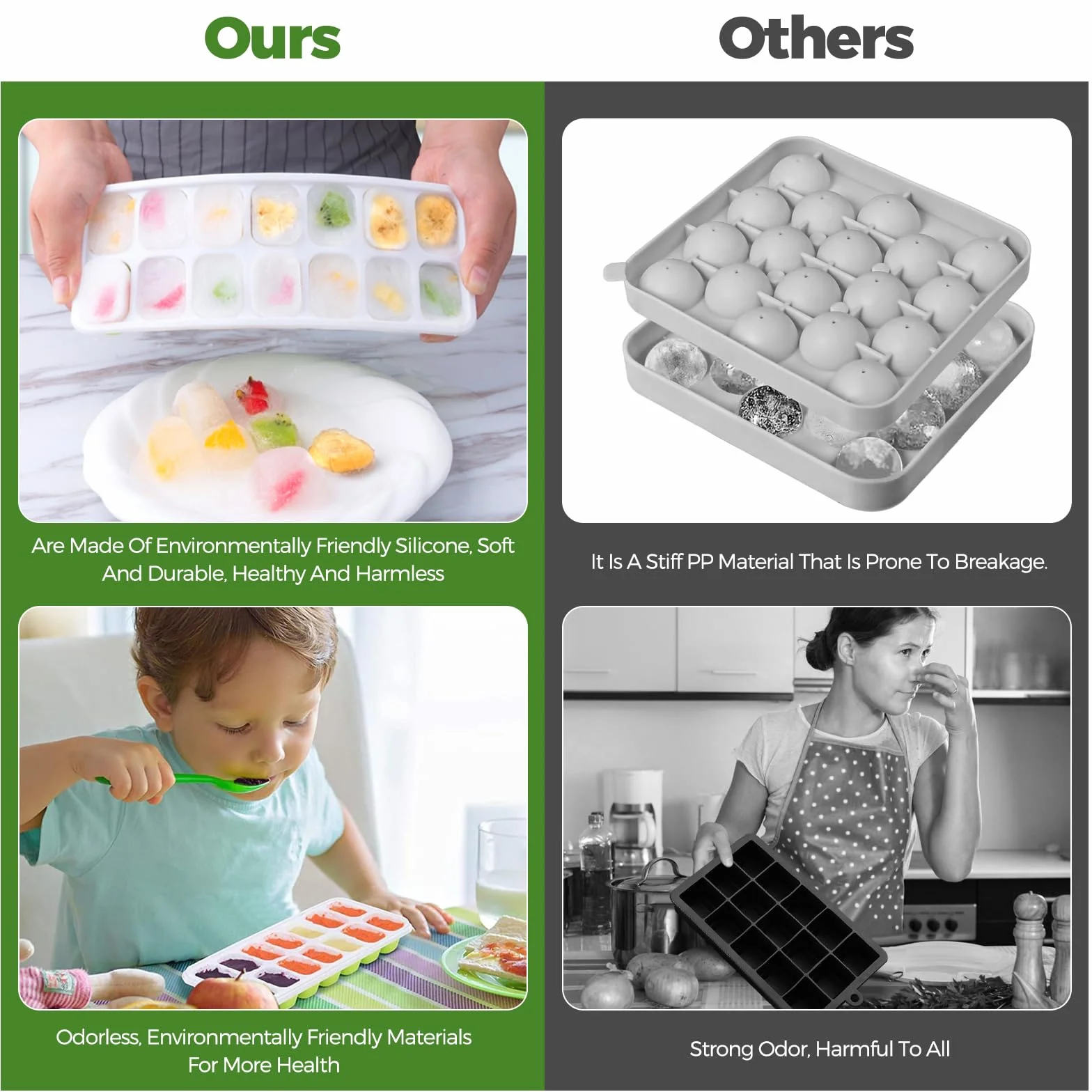 Bacs à glaçons en silicone avec couvercle, 4 pièces, LFGB, sans BPA, carrés faciles à retirer