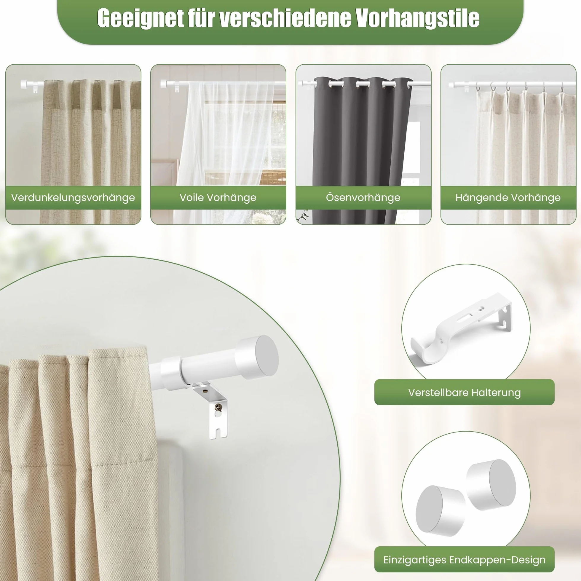 Barre à Rideaux Extensible Blanc 63-183cm 16mm avec Embouts Simples et Supports