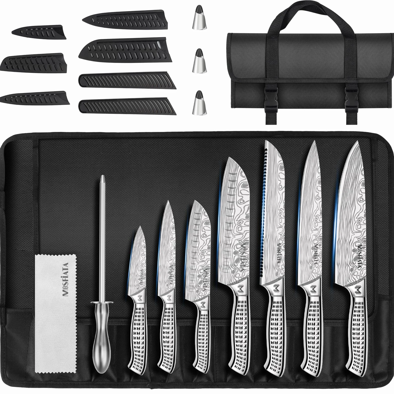 MOSFiATA Lot de 12 Couteaux de Cuisine en Acier Inoxydable Pour l'extérieur avec étui, Couteaux de Chef Tranchants, Protège-Doigts, Douilles de Sabre de Couteau, Baguette à Aiguiser, sac de Transport