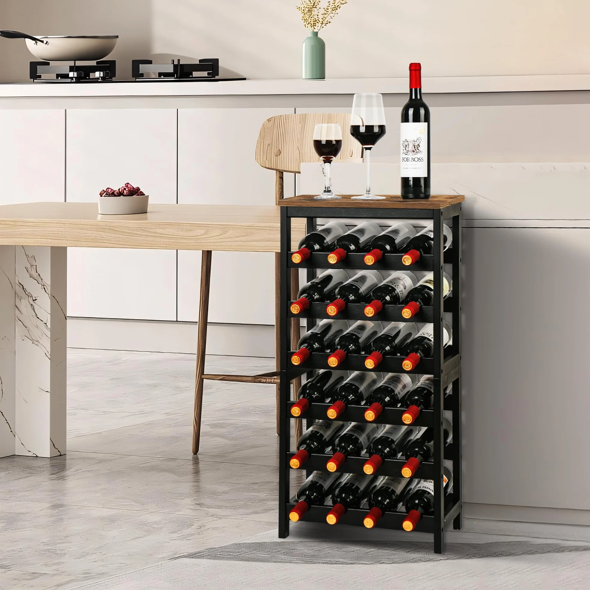 VASMIA Casier à Bouteilles pour 24 Bouteilles, Rangement Bouteille Vin en Bambou, Étagère à Vin Autoportante 6 Niveaux, pour Cave, Cuisine, Bars, 41x24x82 cm, Marron Rustique