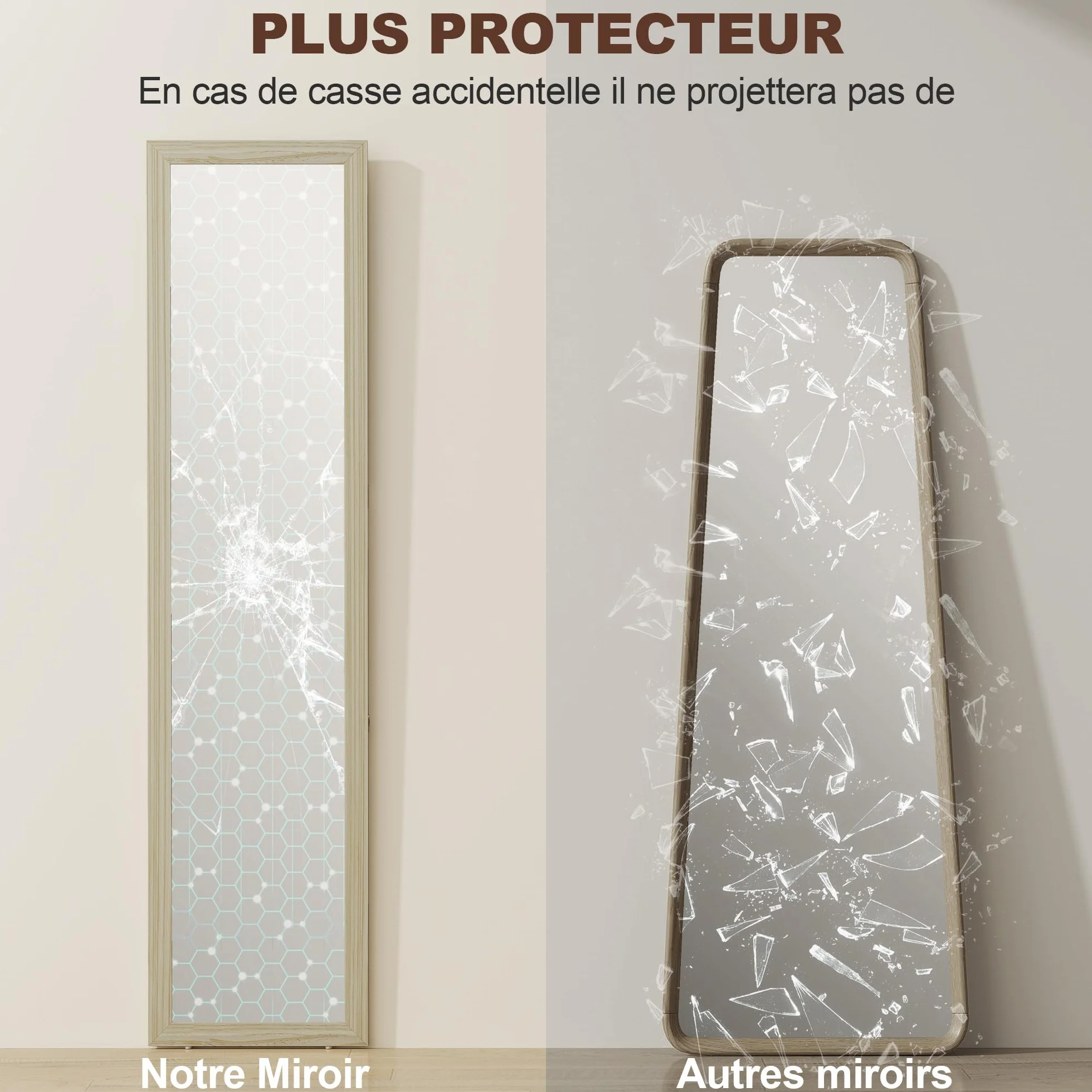 HOMCOM Miroir sur Pied et Mural Rectangulaire, Miroir de Sol Pleine Longueur pour Dressing, Chambre, Salon, 37 x 37 x 154 cm, Bois Naturel