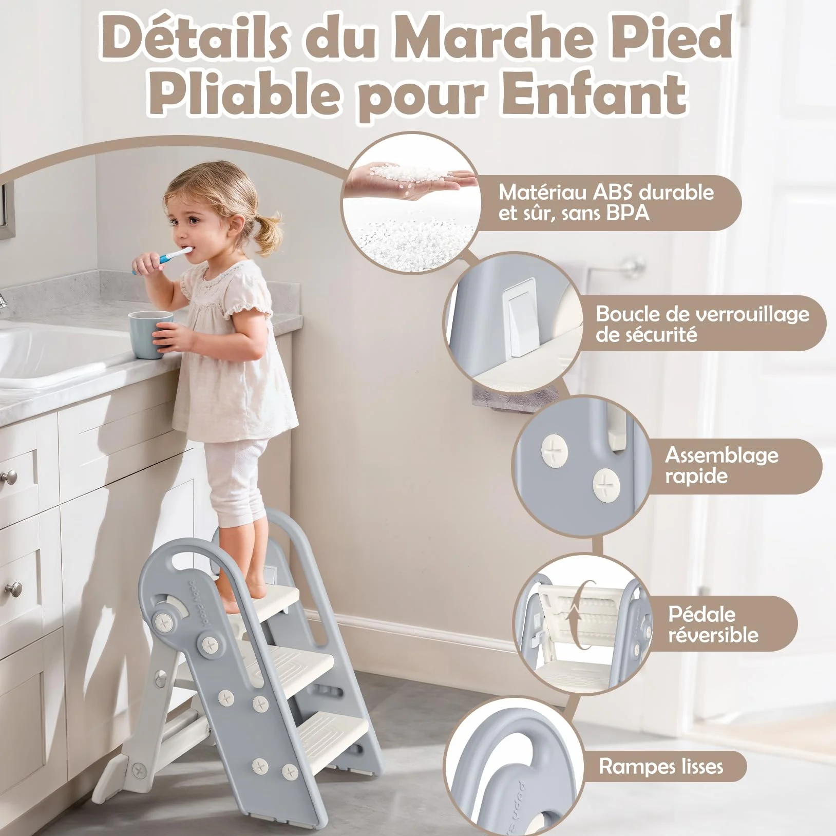 Marche Pied Pliable pour Enfant, Marchepied à Hauteur réglable, Multifonction, Marche Pied Toilette Enfant de la propreté avec poignées, Cadeaux pour garçons et Filles de 1,5 à 8 Ans-Gris Blanc