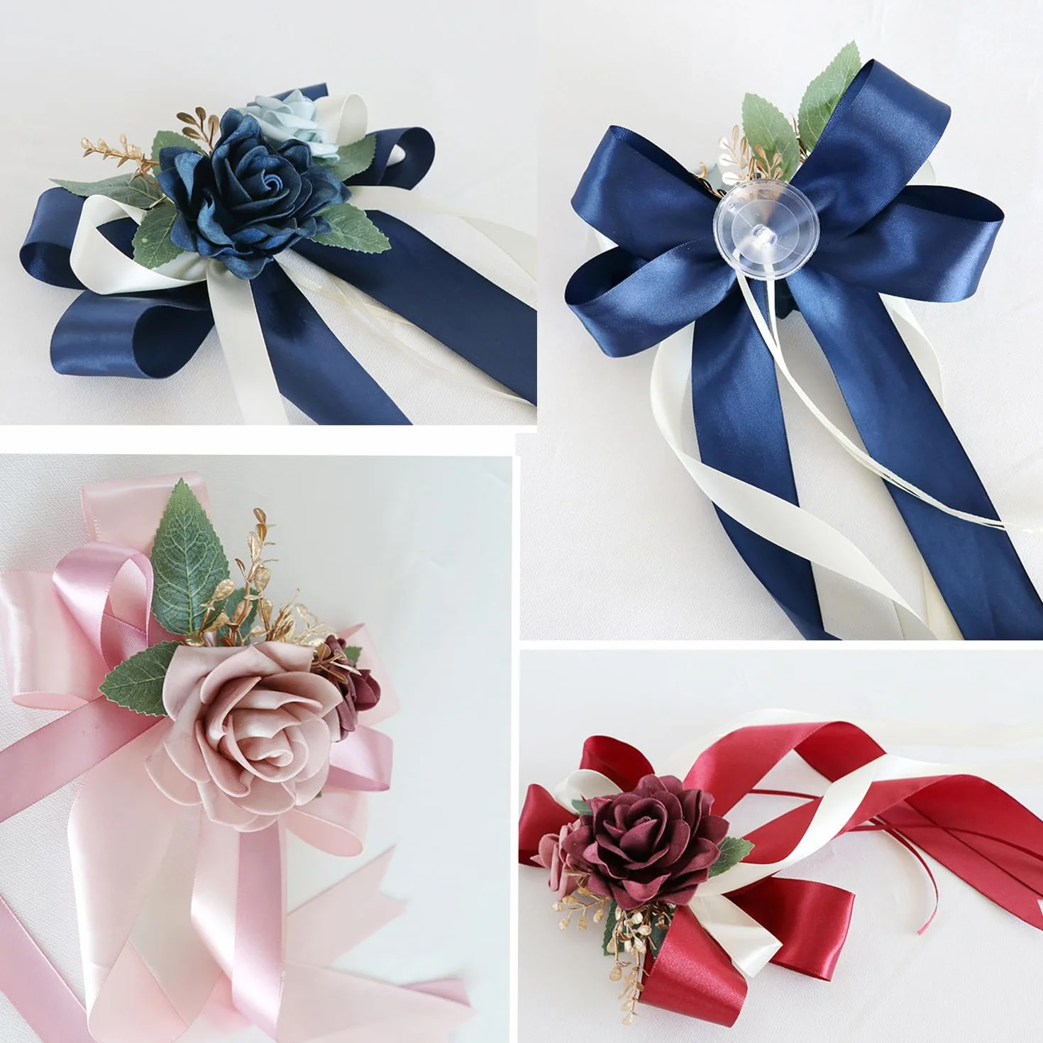 Lot de 4 Nœuds de Voiture en Soie Simulation Rose pour Mariage Décoration Poignée de Porte Rétroviseur