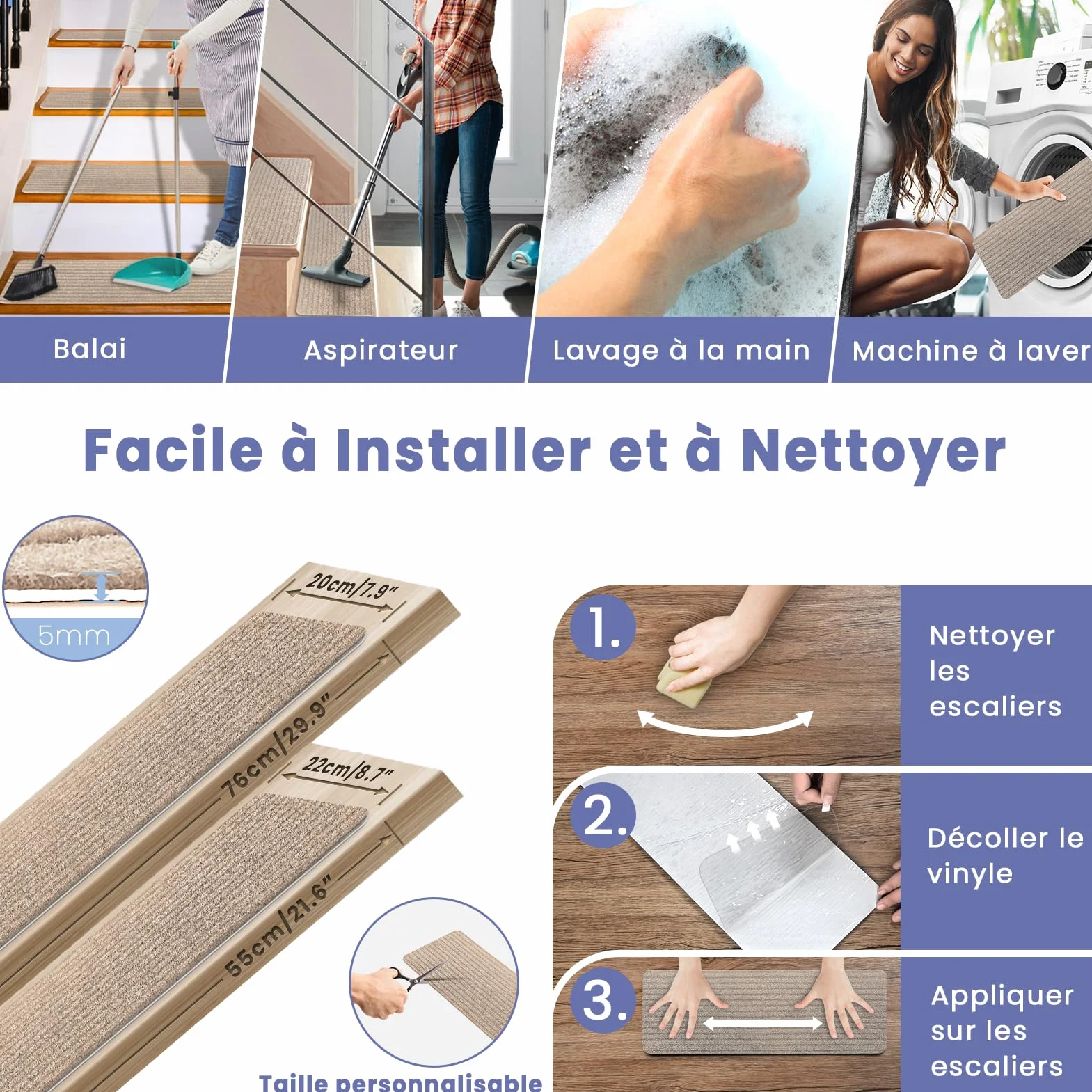 Tapis d'Escalier Antidérapant Lot de 15 Marchettes Autocollantes 76 x 20 cm Beige