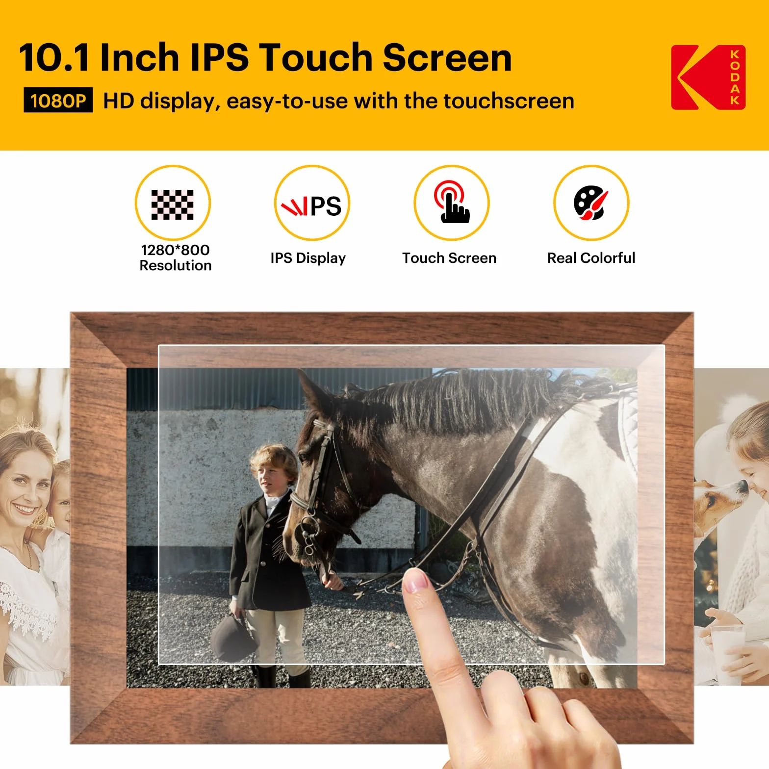 KODAK Cyfrowa ramka na zdjęcia Wi-Fi 10,1", ekran dotykowy HD IPS, elektroniczna ramka na zdjęcia z pamięcią 32 GB, automatyczne obracanie zdjęć, udostępnianie zdjęć lub filmów w dowolnym miejscu za