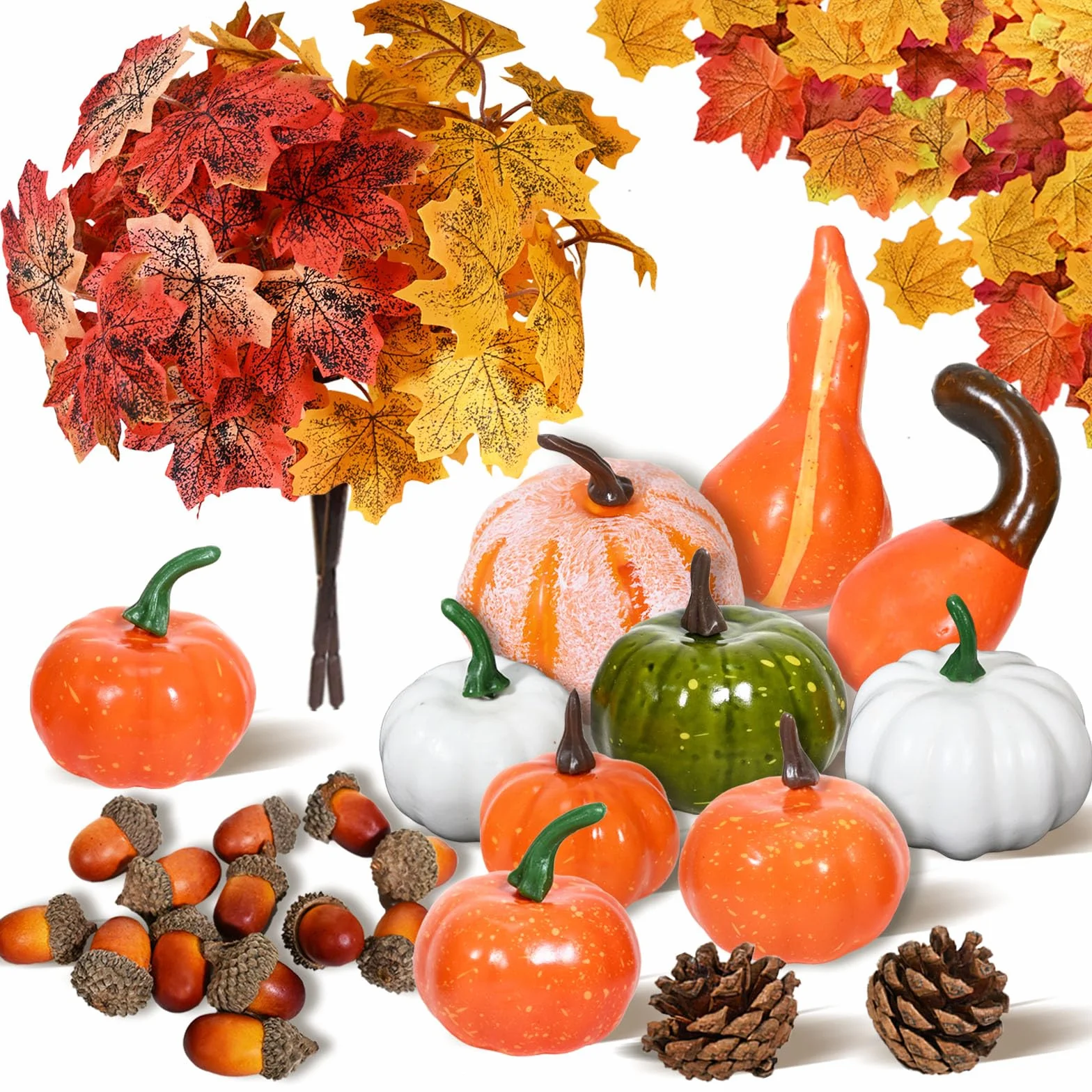 Lot de Mini Citrouille Deco Automne, Feuilles d'Érable, Pommes de Pin, Glands, Fausse Feuille pour Halloween Thanksgiving