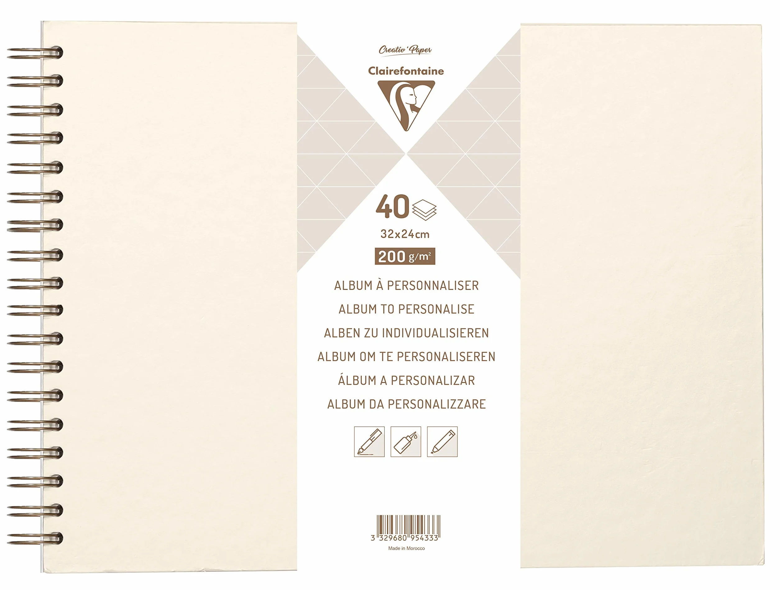 Clairefontaine 95433C Album à Personnaliser 40 Feuilles 32x24 cm Papier Blanc 200g m² Couverture Rigide Ivoire Irisée Spirale bronze Scrapbooking DIY