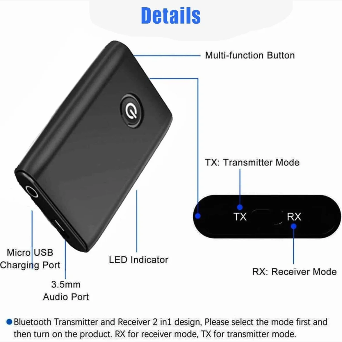 Nadajnik Bluetooth 5.0, nadajnik i odbiornik, adapter Bluetooth 2 w 1, gniazdo 3,5 mm APTX i USB, kompatybilny z TV/PC/systemem stereo/Maiso