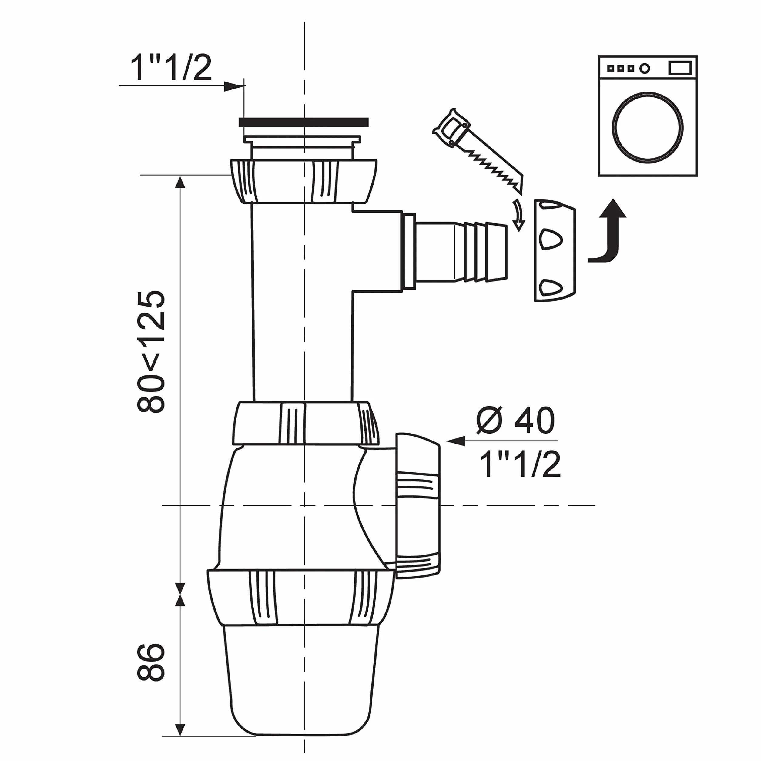 Wirquin SP3223 Siphon d'évier classique ⌀40 mm réglable avec prise machine à laver, blanc