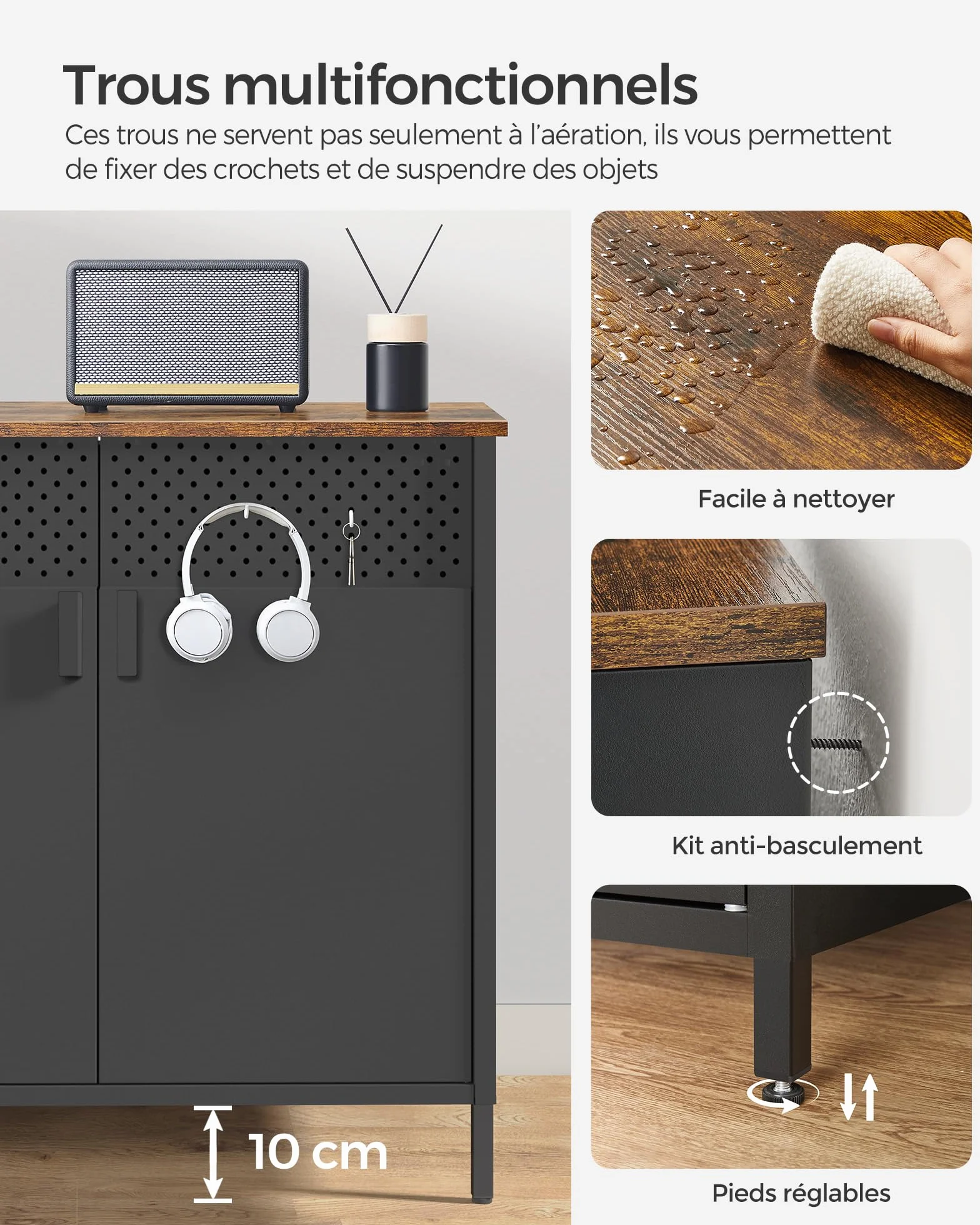 SONGMICS Meuble de Rangement, Buffet, en Métal, Double Porte, Fermeture Magnétique, Cadre en Acier, 40 x 80 x 76 cm, Marron Rustique et Noir LSC102B01
