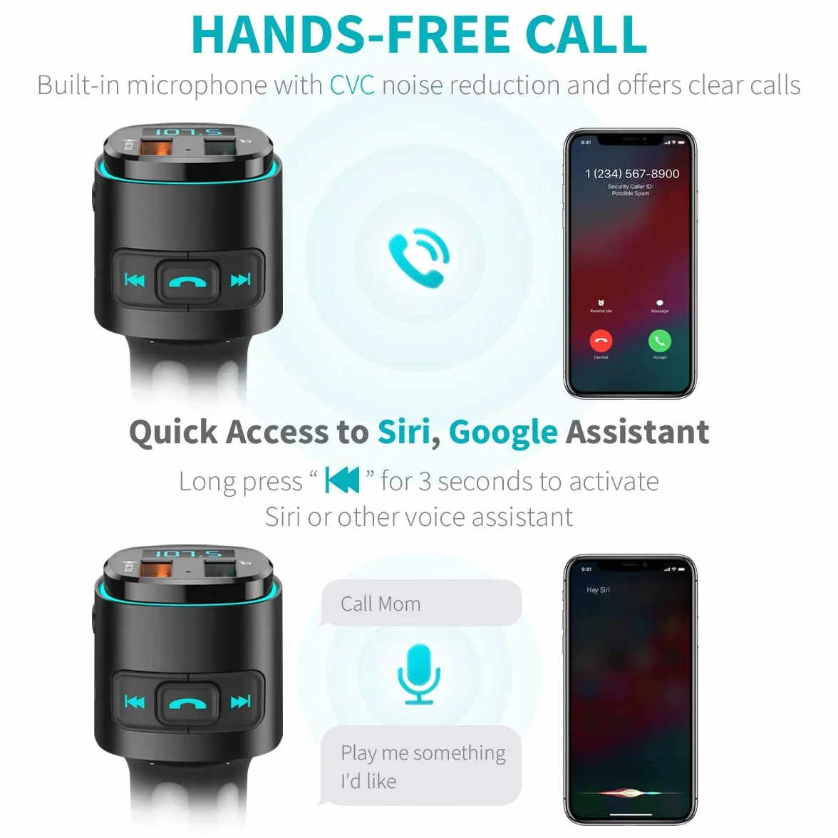 ORIA nadajnik FM Bluetooth, adapter radiowy samochodowy, z Siri Assistant, QC 3.0 USB Port, samochodowy Bluetooth adapter muzyczny, zestaw samochodowy, obsługuje kartę USB/TF, pistolet czarny