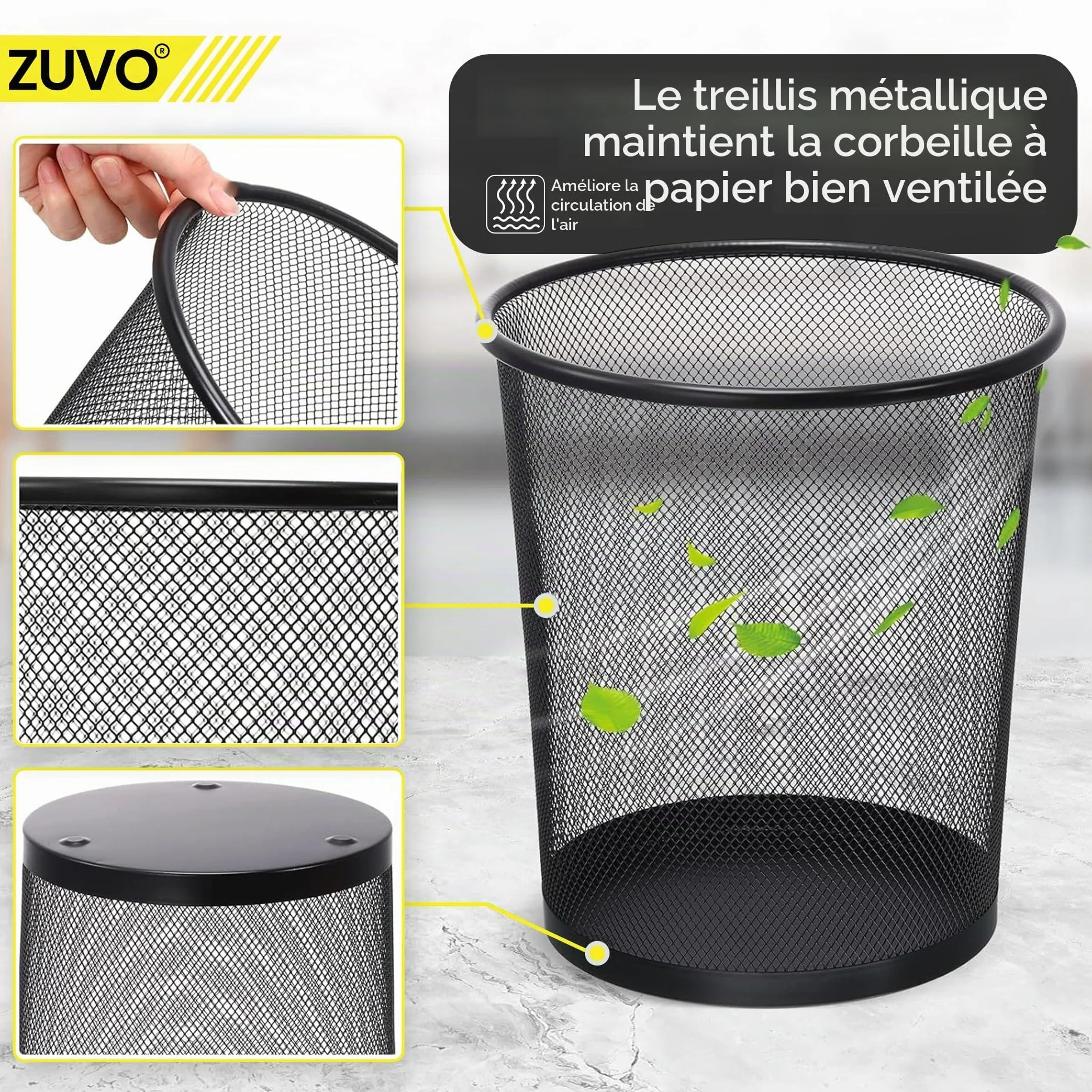 Zuvo Corbeille à papier en maille métallique noire 4 gallons (16L) pour maison bureau