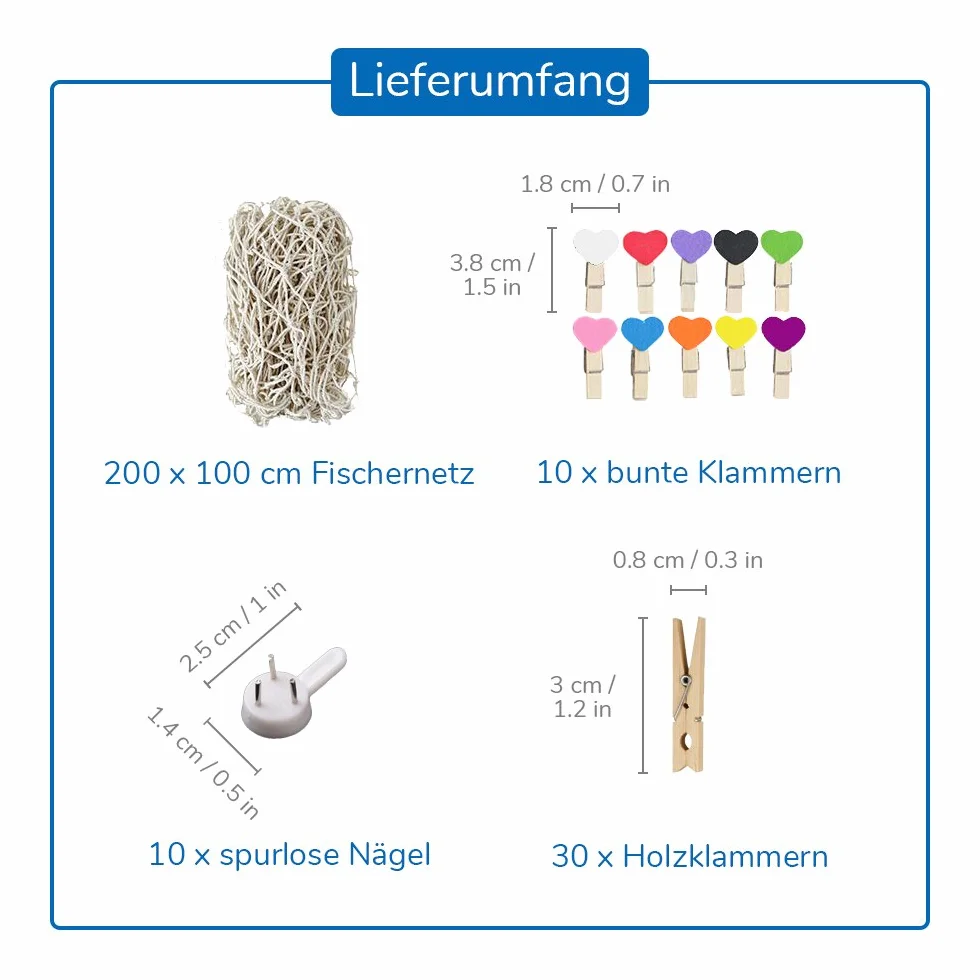 ecooe Porte Photo Mural Filet Décoratif, Cadre Photo Pêle Mêle DIY avec 40 Pinces en Bois et 10 Clous