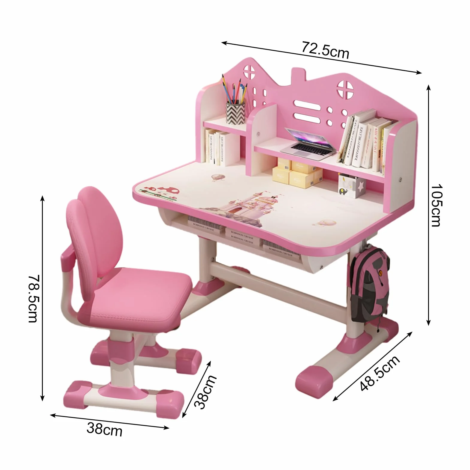 Ensemble bureau et chaise pour enfants, bureau d'étude pour enfants à hauteur réglable avec étagère et grands tiroirs, bureau princesse préscolaire pour garçons et filles de 3 ans et plus (bleu)