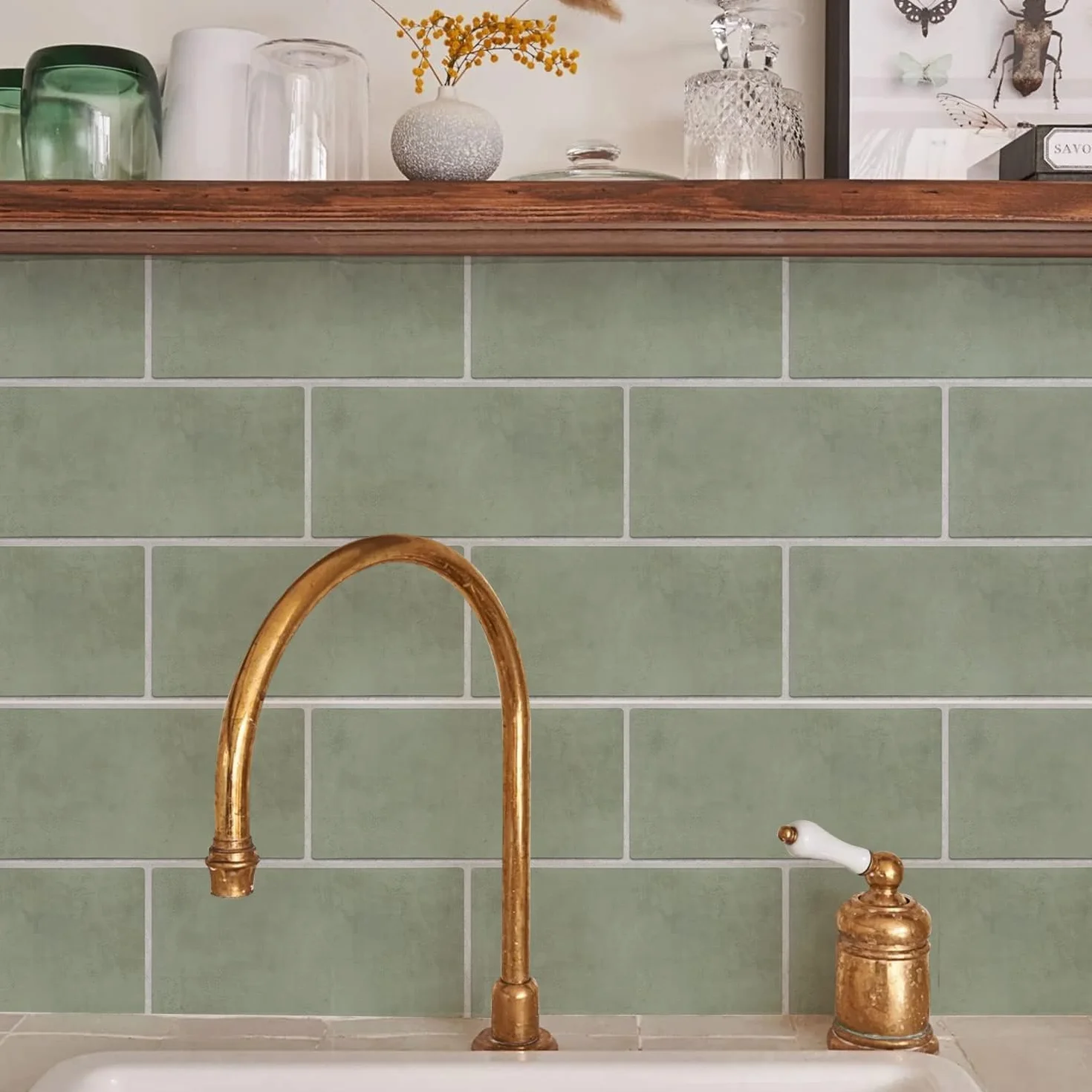 Neukids Autocollants pour carreaux vert sauge, autocollants autoadhésifs pour dosserets cuisine salle de bain