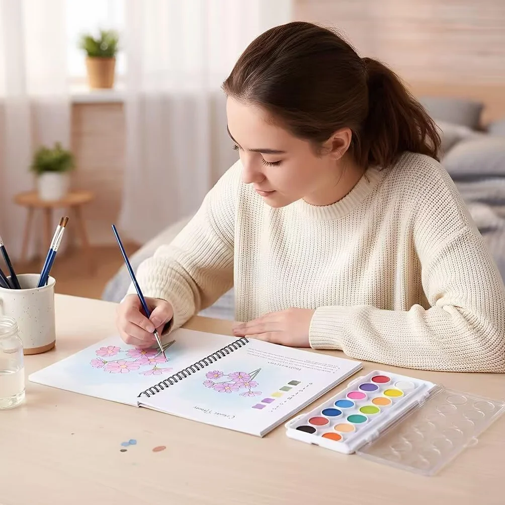 Cahier Aquarelle à Peindre pour Débutant, 16 Couleurs avec Pinceau, Livre Aquarelle Adulte