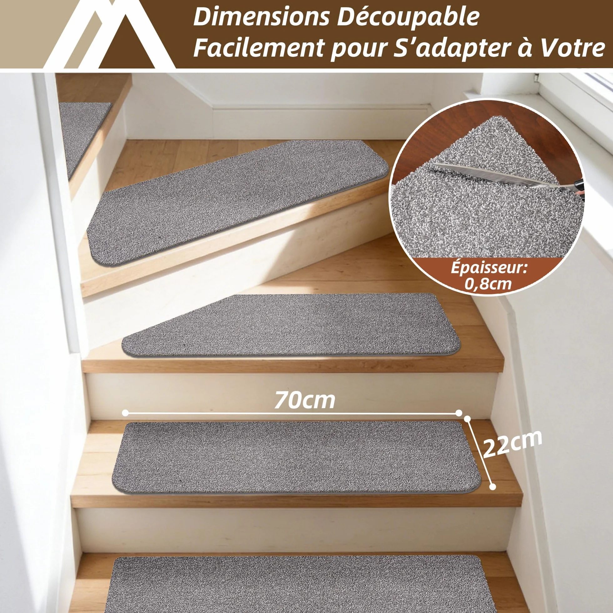 COSY HOMEER Moquette Escalier Antidérapante 70x22cm Lot de 4 Tapis Marchette Lavable TPE Auto-Adhésif Gris