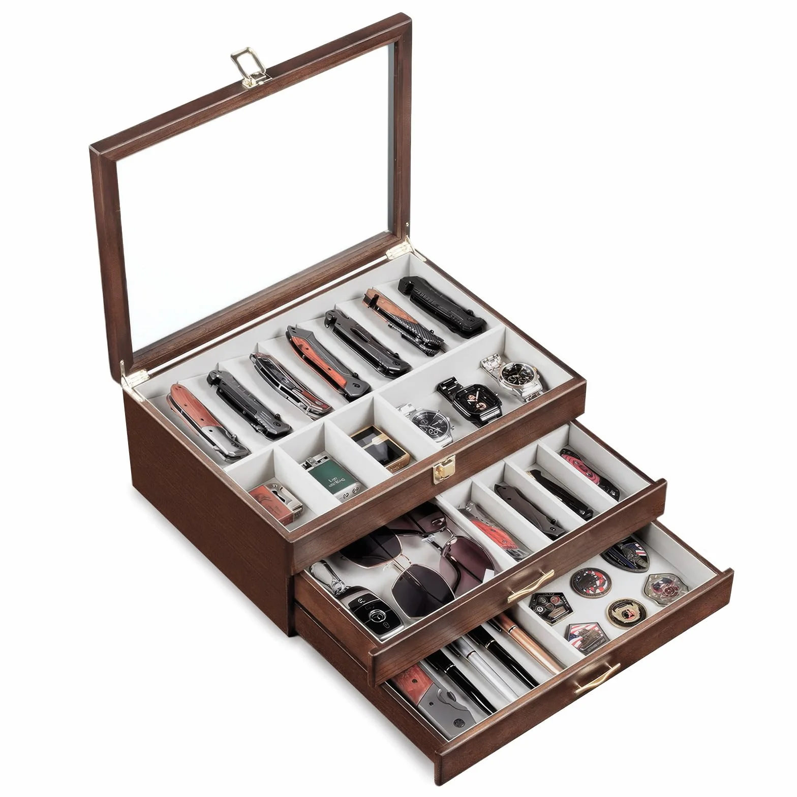 3 Étages Coffret Poignard, Bois Boîte Présentation Poignard pour 30 à 36 Couteaux de Poche, Grande Vitrine à Couteaux avec Vitre Supérieure en Verre Véritable, pour Collection, Cadeau (Noyer)