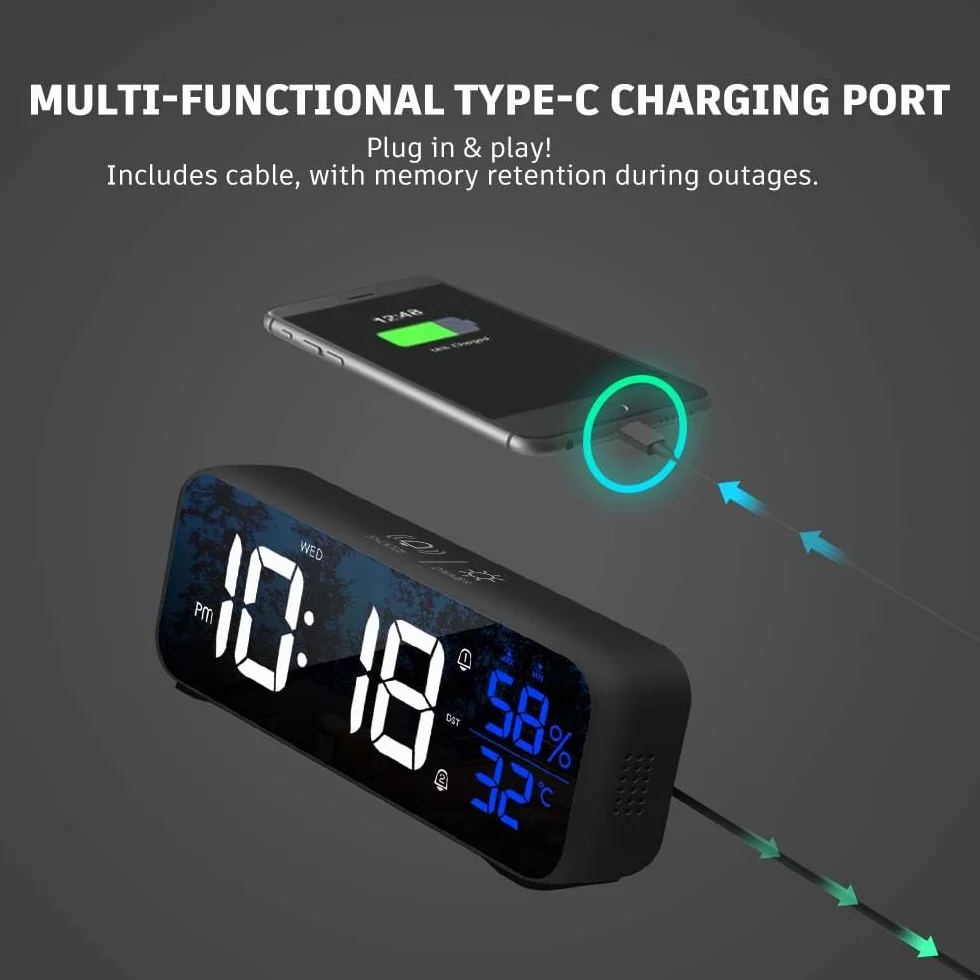 Réveil Numérique Miroir LED avec Fonction Snooze, Grand Écran Température, Alarme USB 12/24H