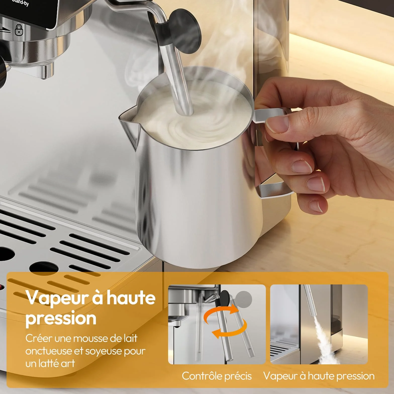 LLIVEKIT Machine à Café Expresso 20 Bars, Mousseur à Lait Intégré, Extraction Chaude & Froide, Double Mode Capsules/Poudre, Réservoir 1,2L, Écran Tactile LED, Acier Inox