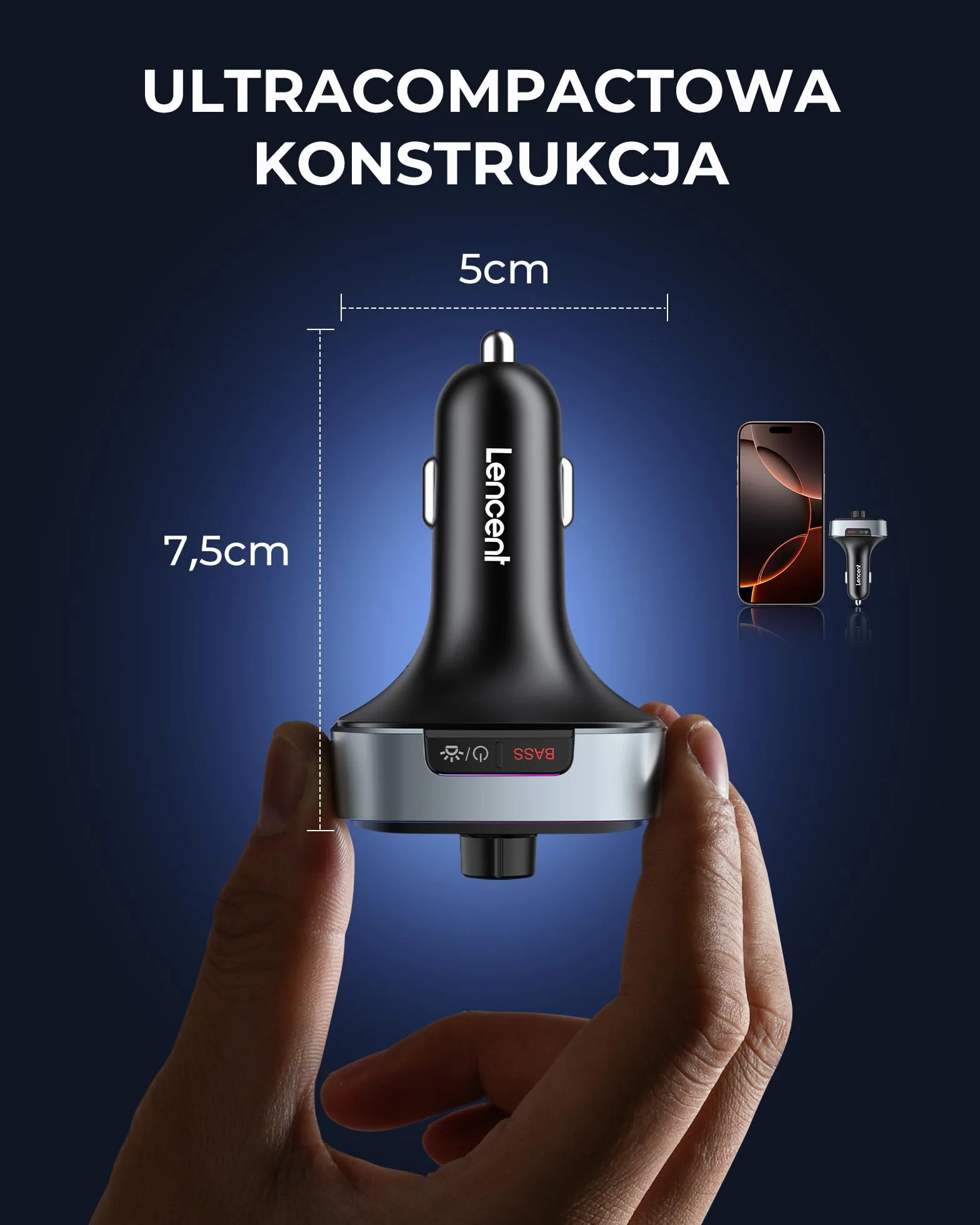 LENCENT Nadajnik FM Bluetooth 5,4, 60 W Szybkie Ładowanie z 2 USB-C (PD 30 W), darmowe rozmowy, muzyka samochodowa, głęboki bas Hi-Fi z 7 kolorami LED i pamięcią USB