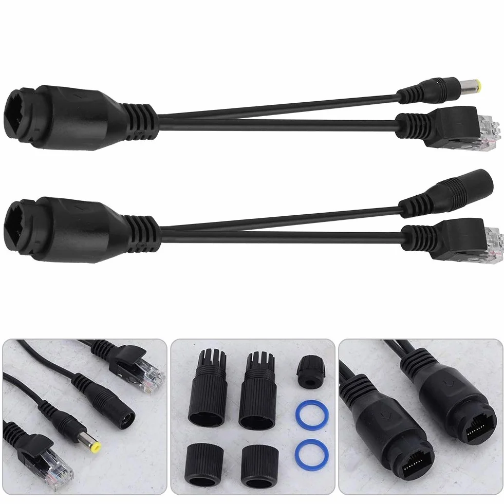 Rozdzielacz POE, wodoodporny kabel Ethernet 12 V zasilany pasywnym wtryskiwaczem rozdzielacza (kolor: czarny)