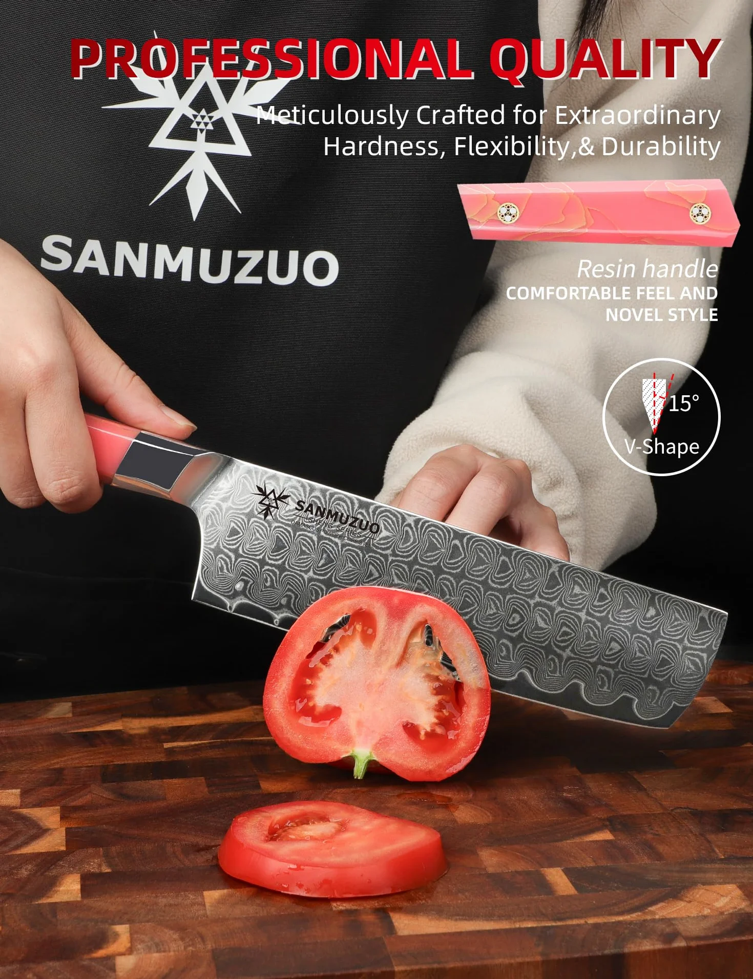 Couteau Nakiri 18 cm, couteau de cuisine professionnel, acier Damas ultra tranchant avec manche en résine pleine soie, série SHENG