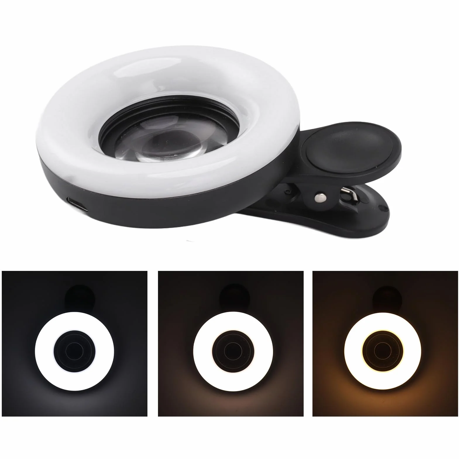 Obiektyw Makro 15X z lampą pierścieniową Mini Clip, do Aparatu Telefonicznego, Soczewka Wypełniająca pierścień Telefonu od 2800 do 6500 K, do Vlog, Nagrywanie Wideo