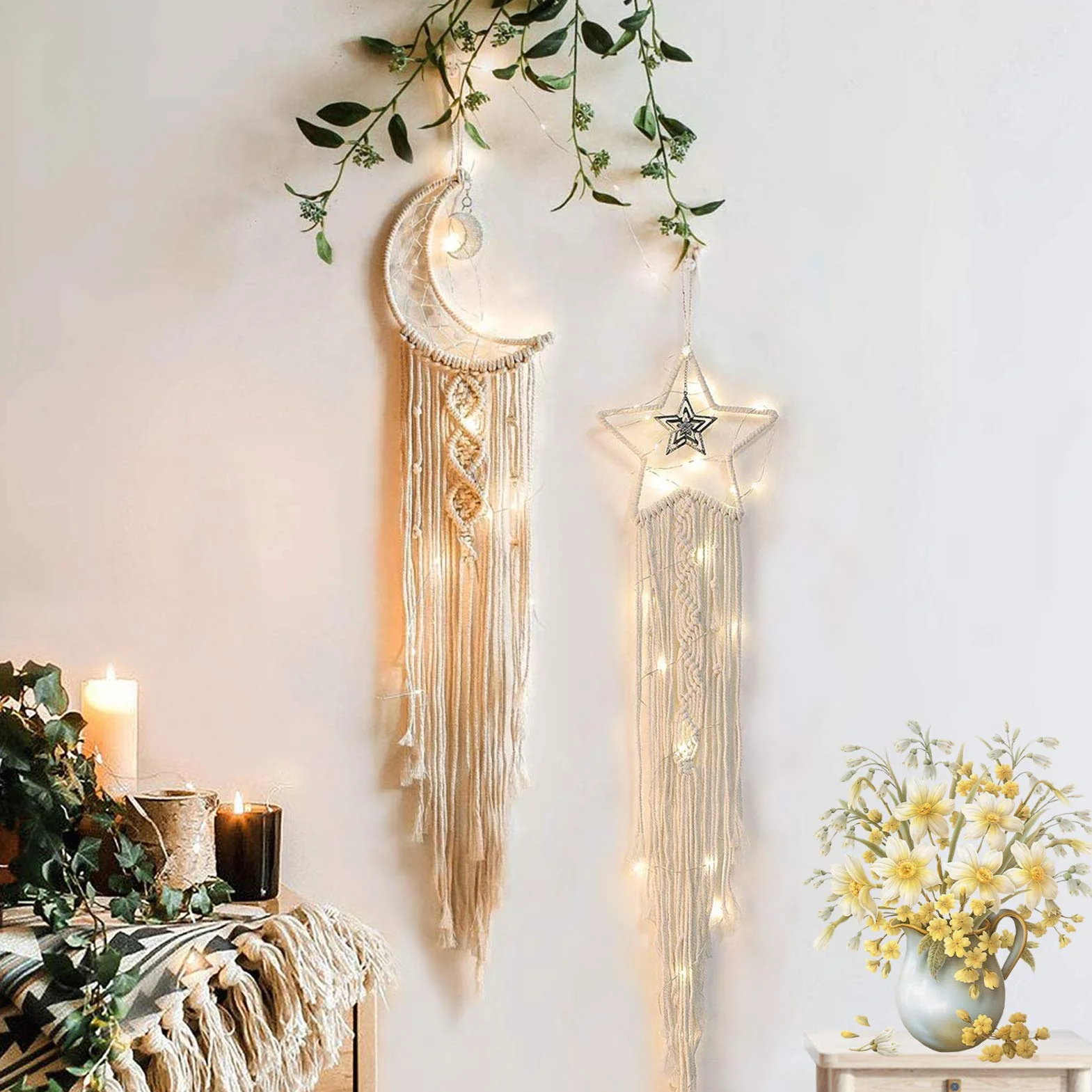 Macrame Attrape Reve avec LED String Light Macrame Mural Decoration Boheme Faite Main Lune Etoile Cadeau DIY Chambre