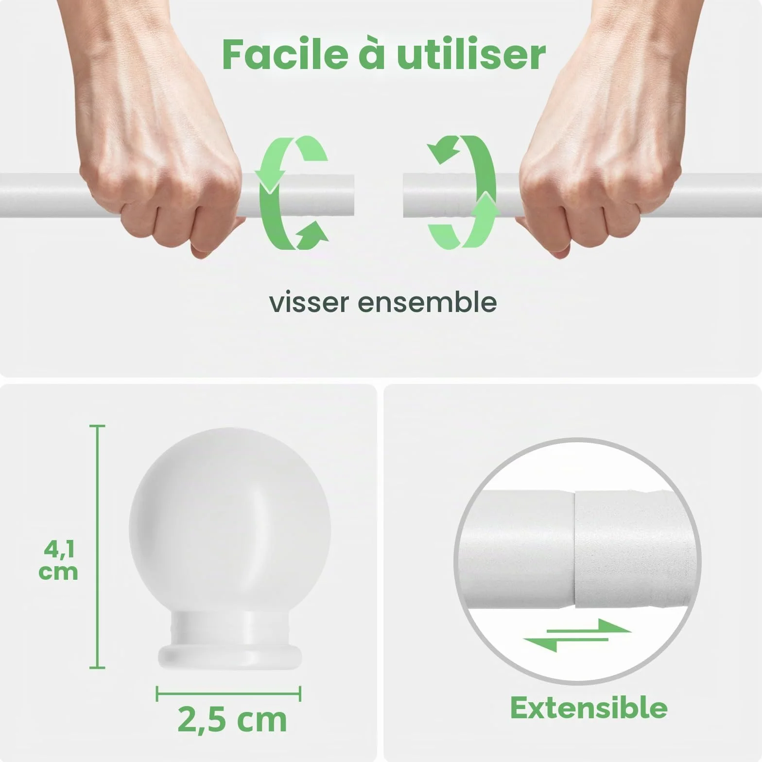 Tringle Rideau Blanche 80-157 cm Ajustable Kit Tringle à Rideau Extensible Métal 16mm