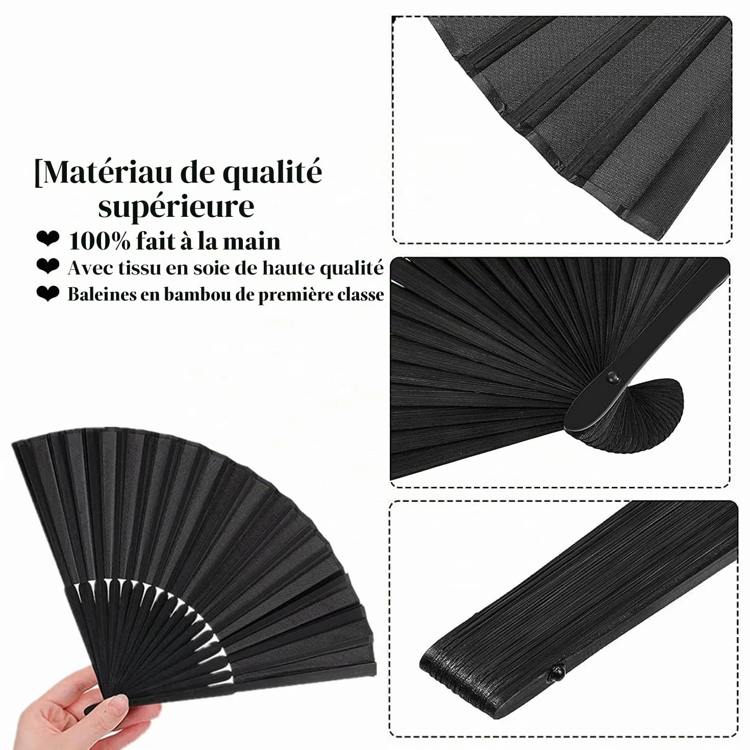 Éventail Japonais Chinois en Bambou Noir avec Sacs de Rangement, Pliable de Poche
