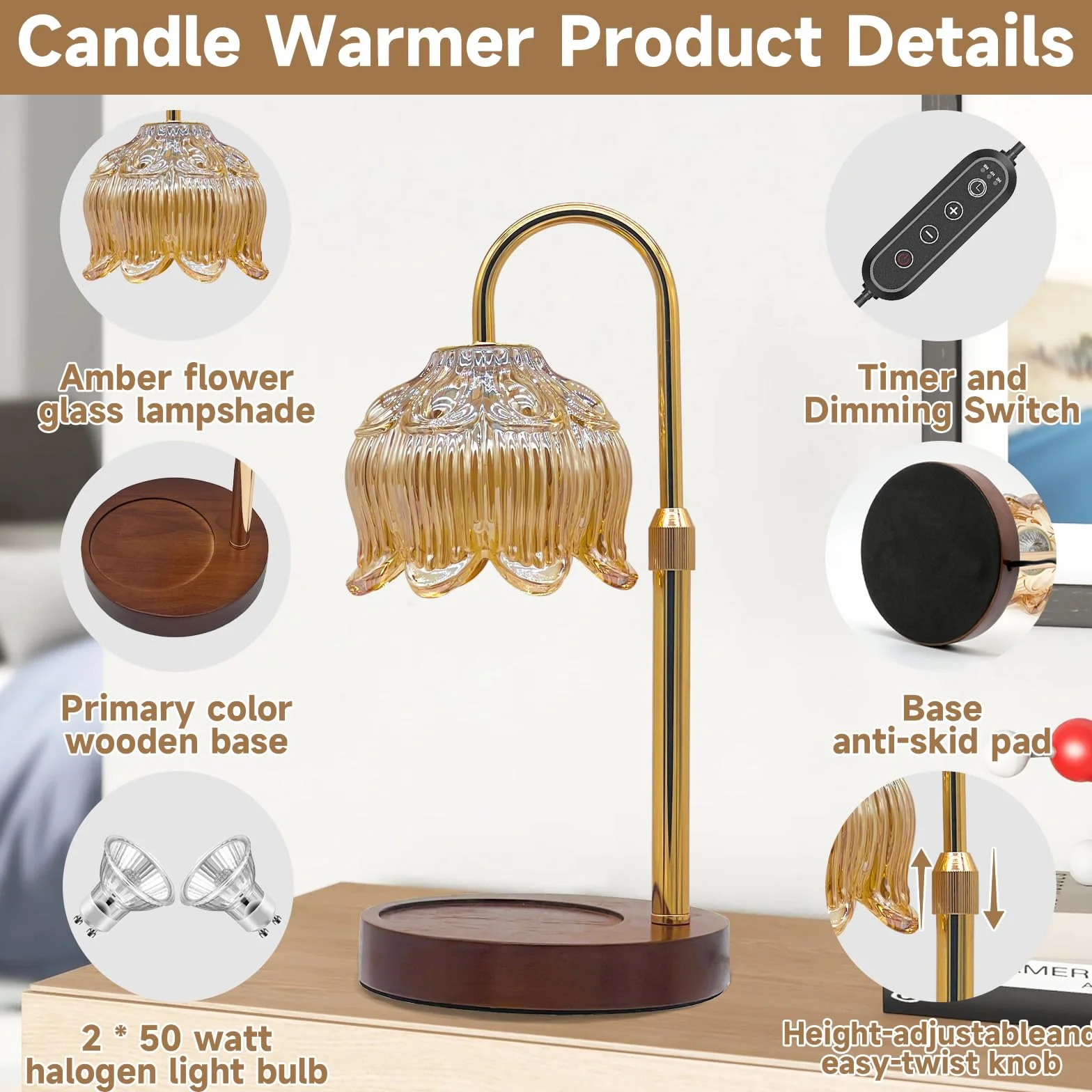 Lampe Chauffante à Bougie, Fleurie Dimmable avec Minuterie, Hauteur Réglable, Sans Flamme et Décorative pour Bougies en Bocal
