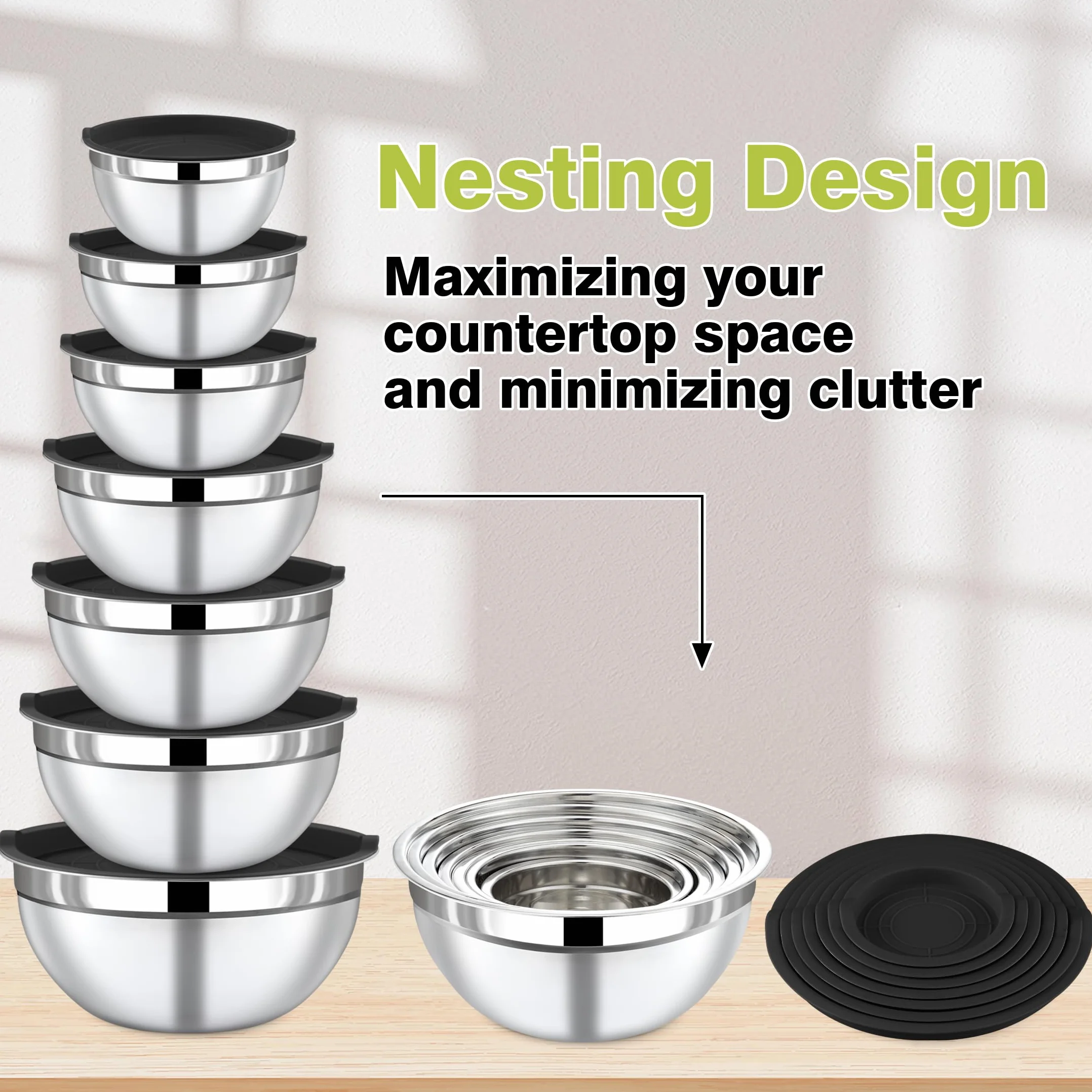 BEWOS Set de 7 Saladiers avec Couvercle - Set de Saladiers Inox avec Râpe, Cul de Poule Lavable au Lave-Vaisselle, Tailles 0.74, 1.16, 1.59, 2.00, 2.75, 3.38, 4.54 QT pour Préparation et Service