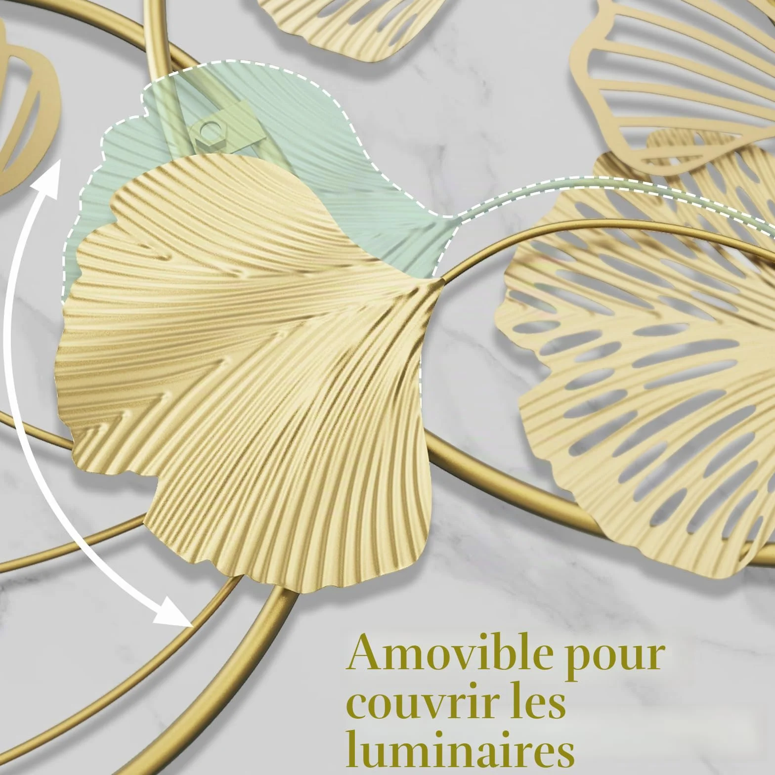 QHENS Decoration Murale Metal Doré, Decoration Murale Salon de Ginkgo 128 x 43 cm, Deco Murale Salon, Feuille Réglable, pour Salle D'étude Chambre à Coucher Hôtel