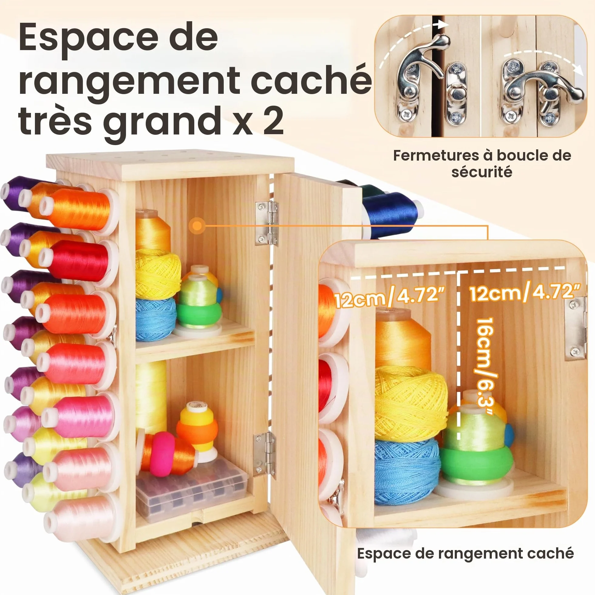 New brothread 93 Bobines (DIY) 360° Rotation Complète Support de fil en bois Porte-fil avec compartiments de rangement intérieurs pour couture, quilting, broderie, tressage de cheveux et les bijoux