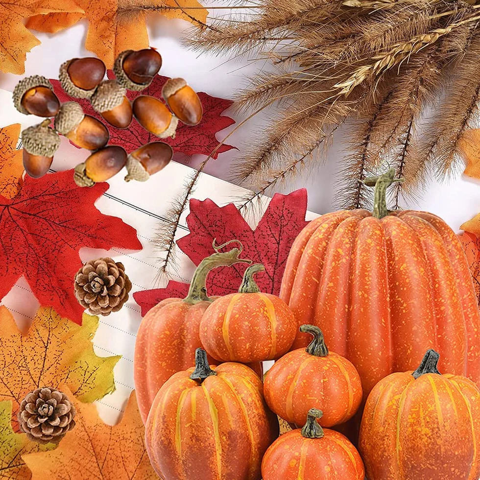 Ensemble de décoration d'automne citrouille artificielle grande taille feuilles d'érable pommes de pin glands