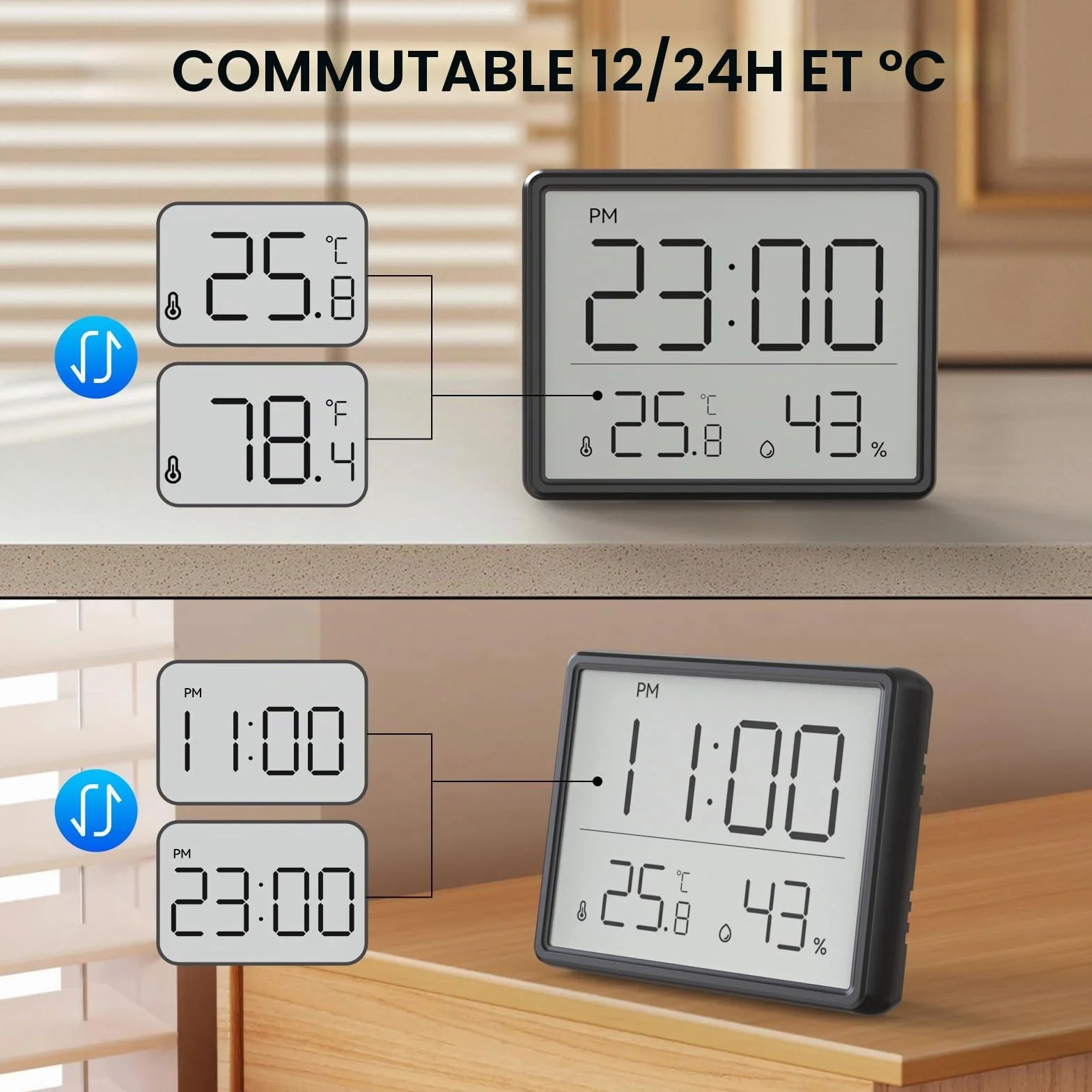 Thermomètre Hygromètre Numérique avec Réveil LCD Température Humidité 12/24 Heures ℃/℉
