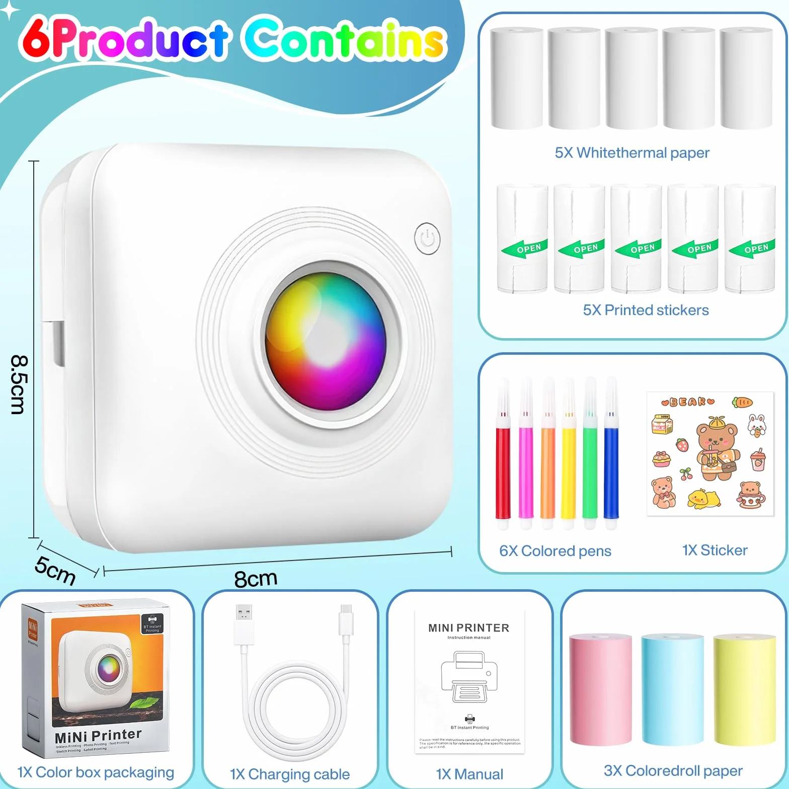 Mini Imprimante Thermique Portable avec LED, Étiquettes Autocollantes pour Notes, Photos