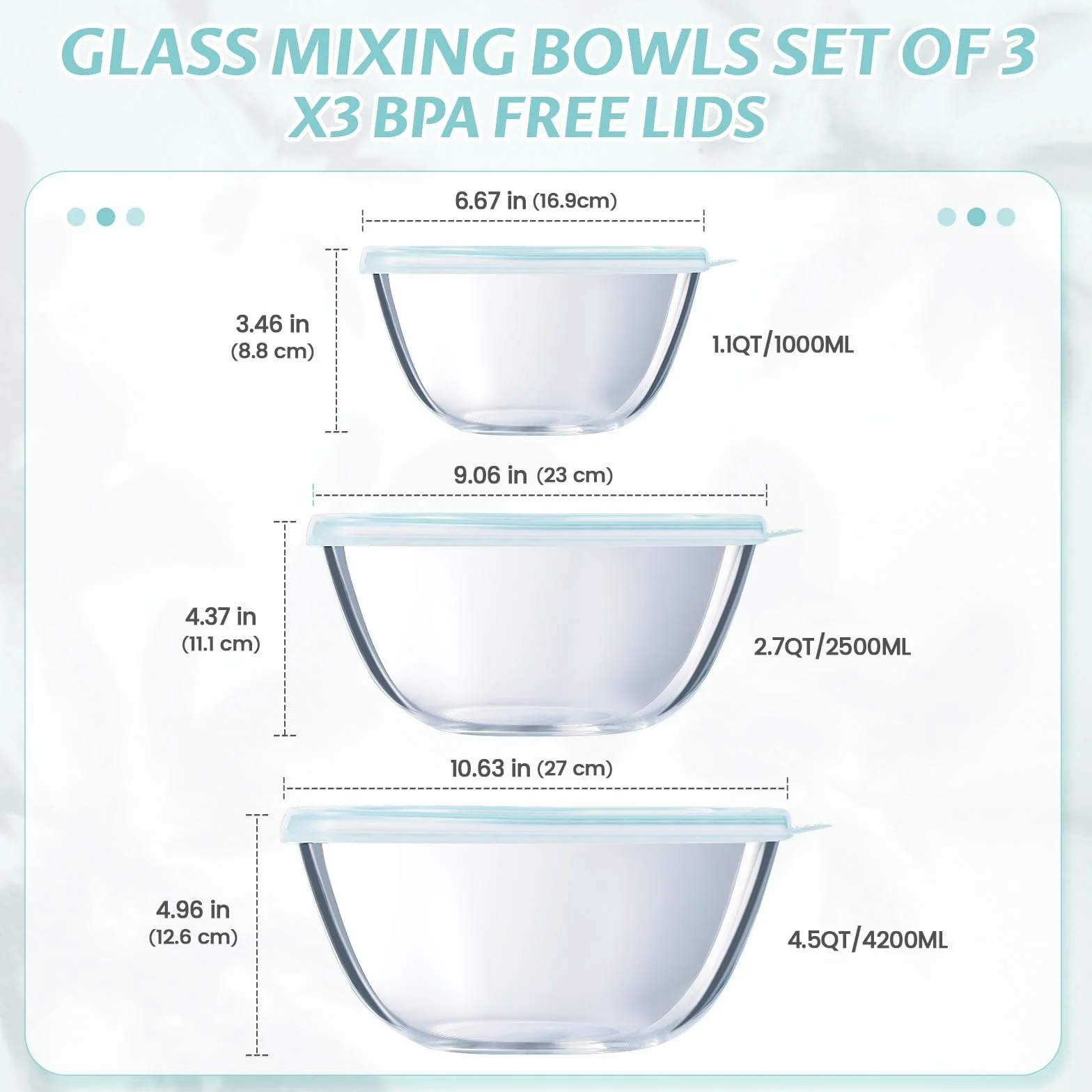 Luvan Lot de 3 Bols à Mélanger en Verre avec Couvercle (4.2 L, 2.5 L, 1 L), Grands Bols à Salade Ronds pour la Cuisine, Parfaits pour Cuisiner, Cuire, Servir, Préparer, passent au Lave-vaisselle