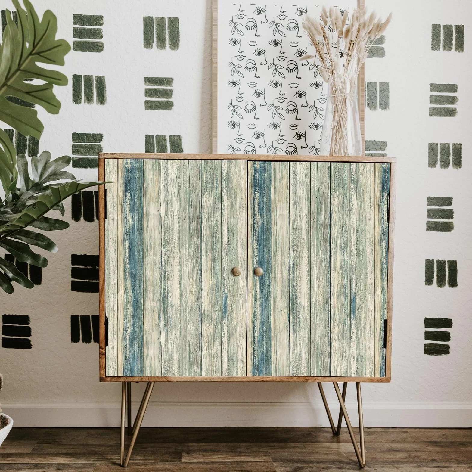 Papier Adhesif Effet Bois Bleu-Vert 30x300cm Imperméable Film Autocollant Meuble Décoratif