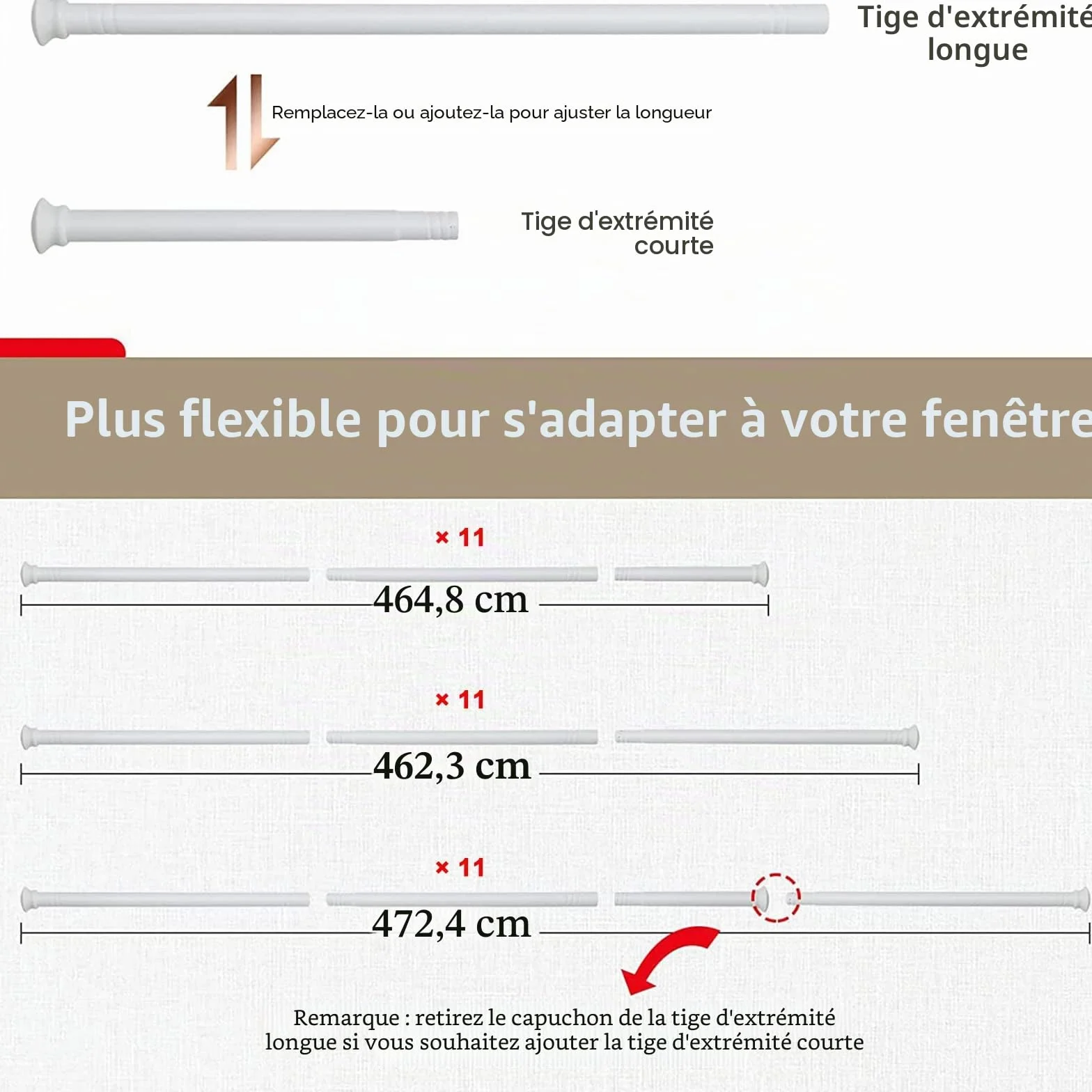 Tringle à Rideaux Extensible 71-472cm Acier Inoxydable 16mm Blanc Mat pour Fenêtre Décorative Salon