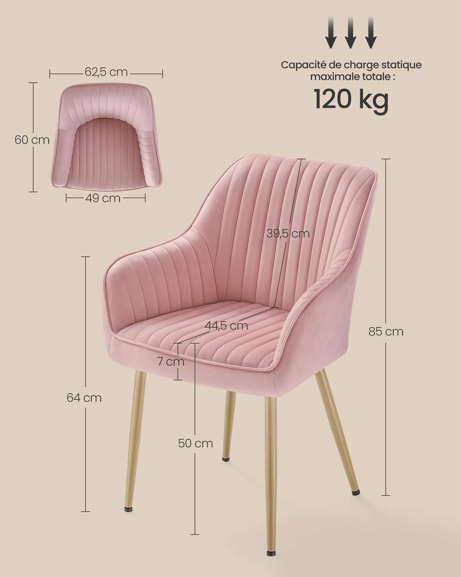 SONGMICS Chaise Salle à Manger, Chaise de Cuisine, Fauteuil en Velours, Rembourrée, avec Accoudoirs, Charge Max. 120 kg, Pieds en Métal, pour Salle à Manger, Rose Bonbon et Doré Clair LDC087R01