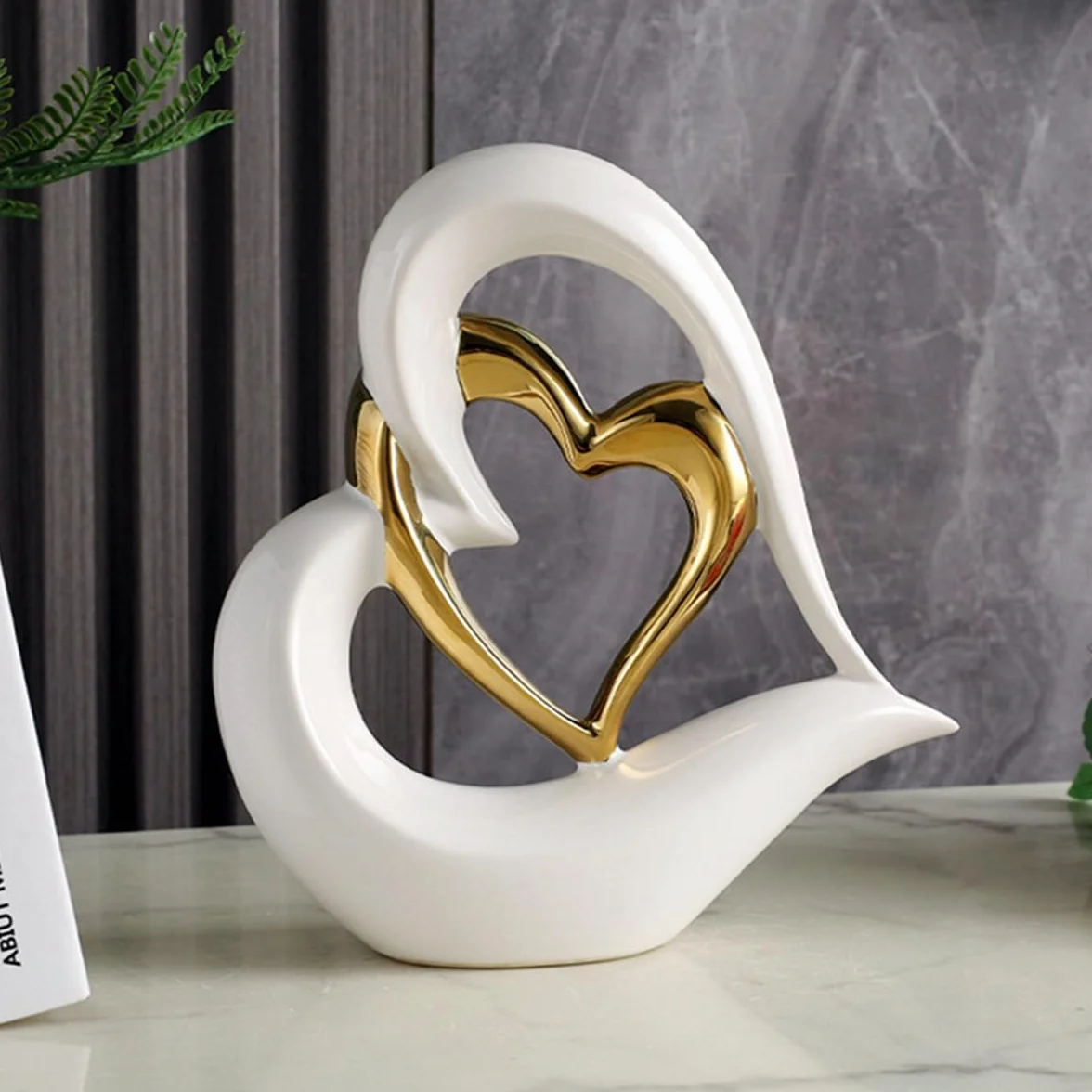 Statue en Céramique Double Cœur Décoration Maison Moderne 22 cm
