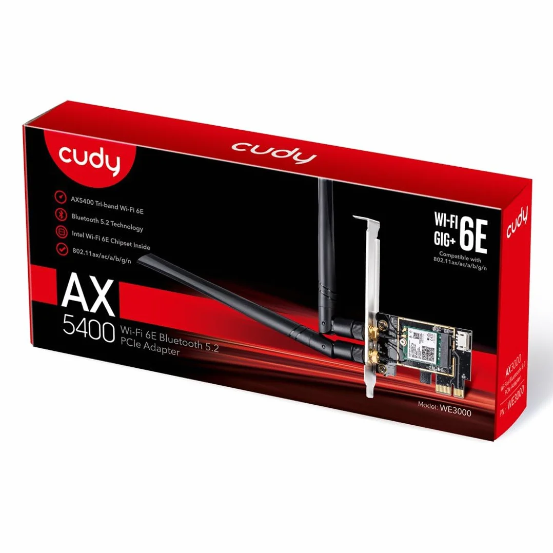 Cudy WE3000 AX 3000 Mbps bezprzewodowa karta WiFi 6 PCIe do komputera, moduł Bluetooth 5.0 wewnątrz, 2402 Mb/s 574 Mbps, Bluetooth 5.0/4.2/4.0, 802.11ax/ac/a/b/g/n Windows 10 64-bit czarny