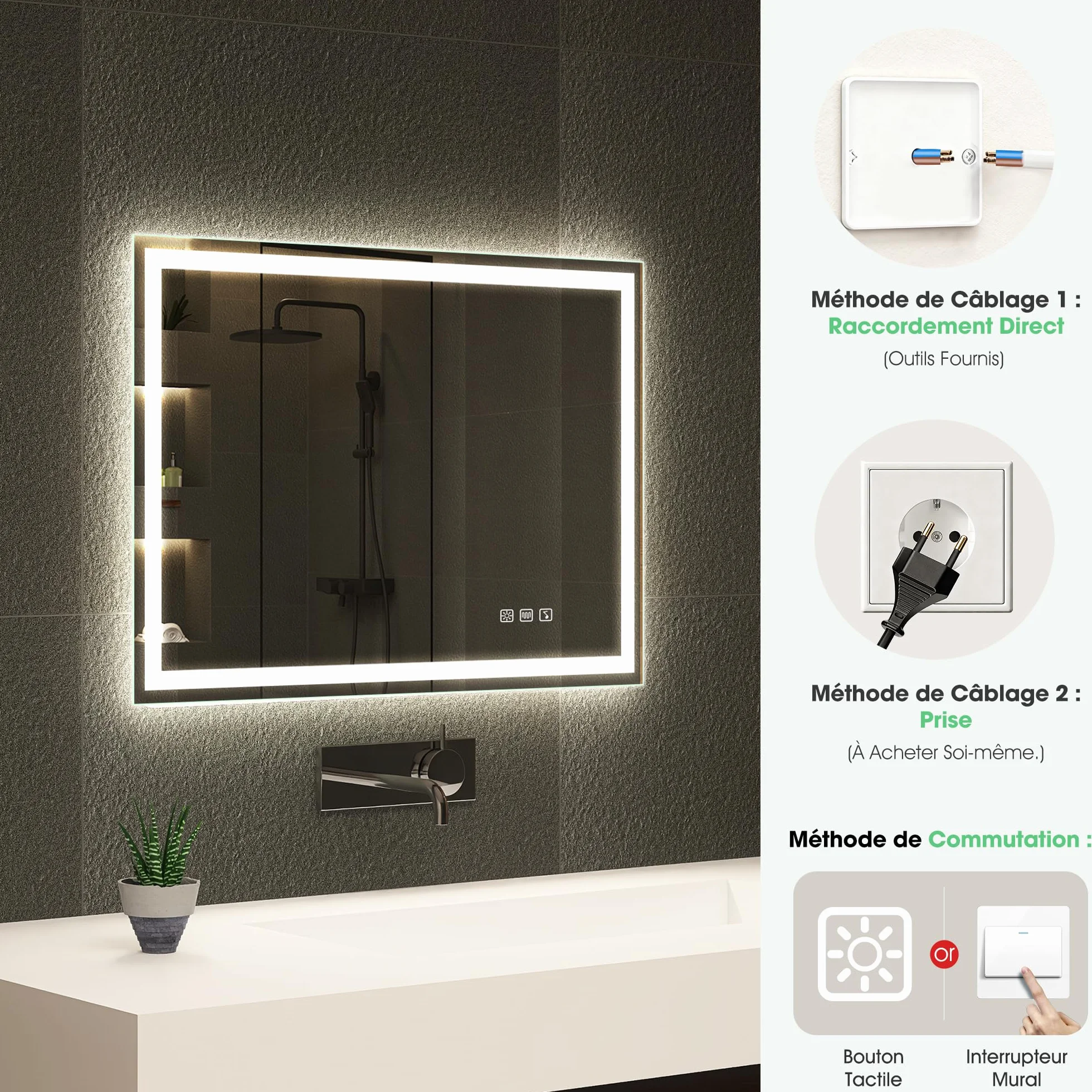 S'bagno Bluetooth-Miroir-Salle-de-Bain-avec-Eclairage-120x70cm, Miroir-LED-Salle-de-Bain Anti-buée, 3000K-6500K, Dimmable, Mémoire, Verre trempé HD, IP44-Miroir-Salle-de-Bain-Led, Horizontal/Vertical