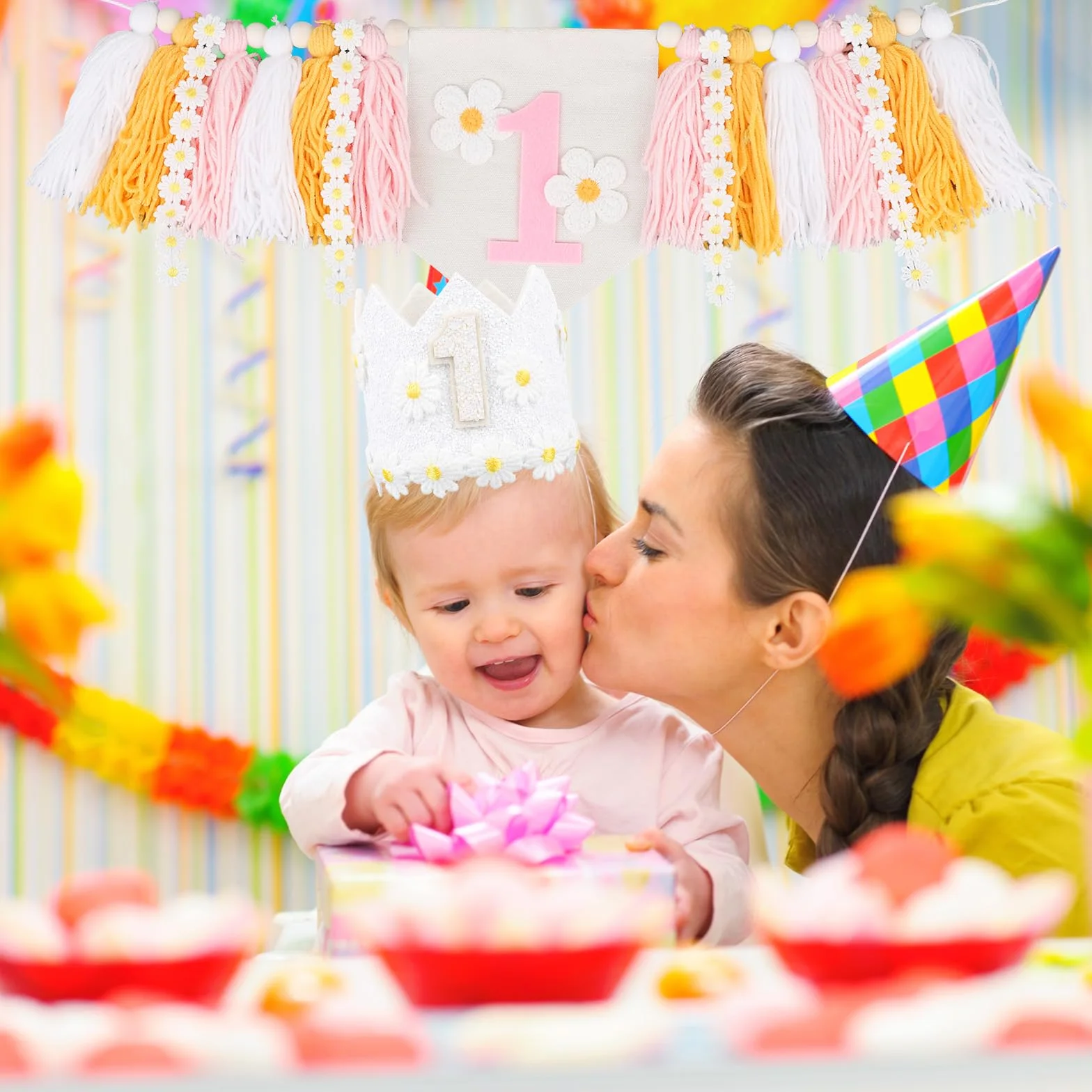 BOXOB Bannière de Chaise Haute Daisy 1er Anniversaire, Décorations Fille avec Chapeau Couronne et Marguerite